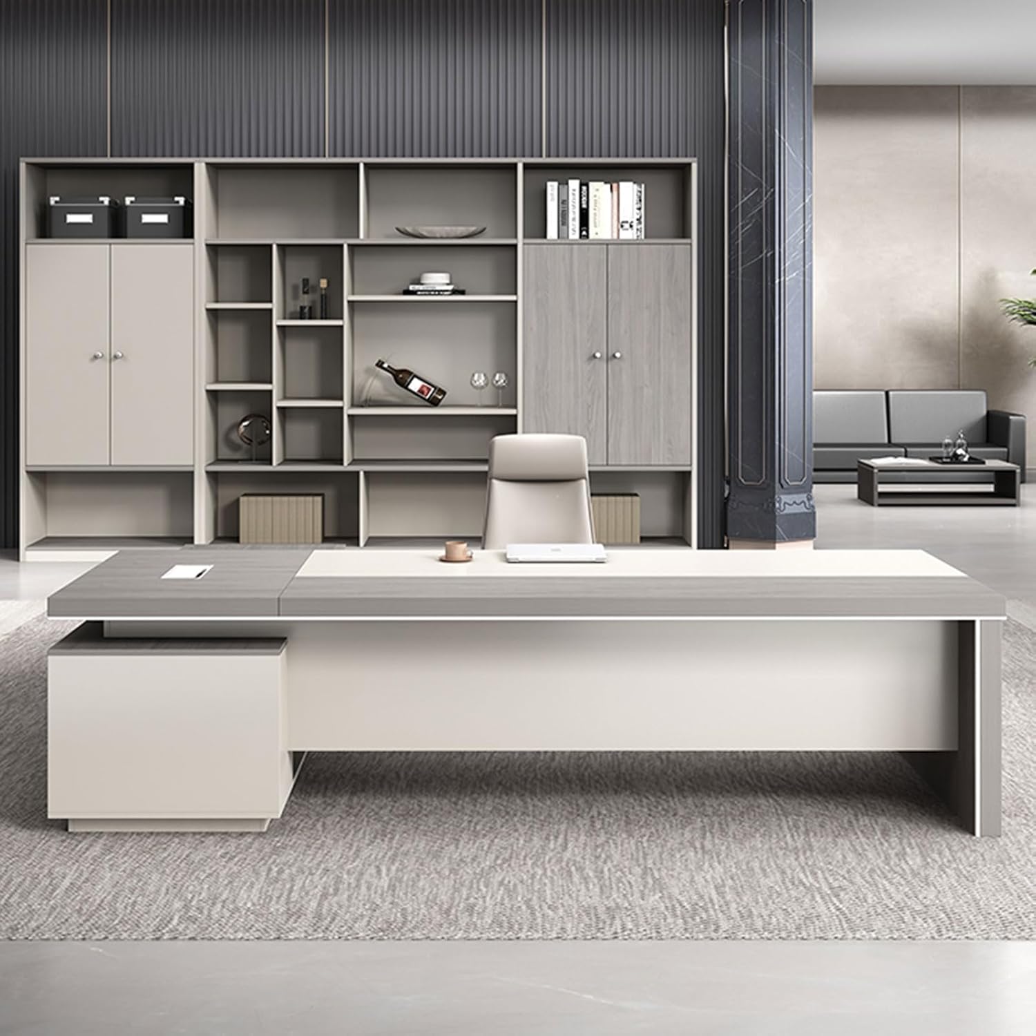 79" Grey Modern L Shaped Executive Desk, Computer Desk with Lateral Cabinet Study Writing Table Business Furniture Set for CEO Boss