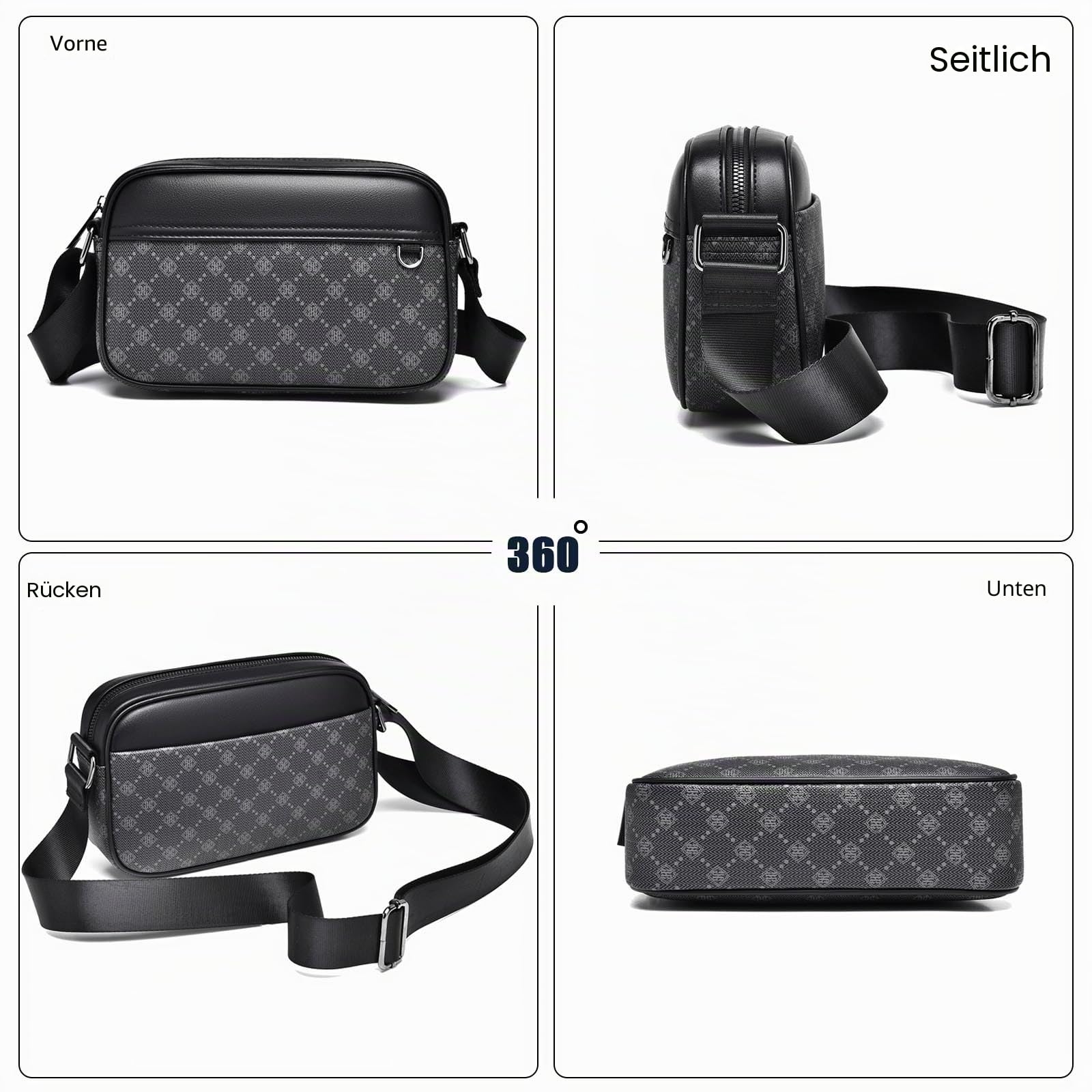 FANDARE Umhängetasche PVC Leder Herren Herrentasche Retro Horizontal Damen Schultertasche Handgelenktasche Arzttasche Schultertasche Crossbody Messenger Bag Arbeitstasche Geschenk für Männer Schwarz