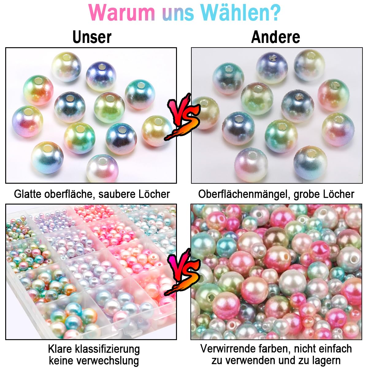 Kit 1890 Perles Rondes Verre Nacrées 4/6/8/10 Mm - 6 Couleurs Pour Bracelets, Colliers, Bijoux DIY