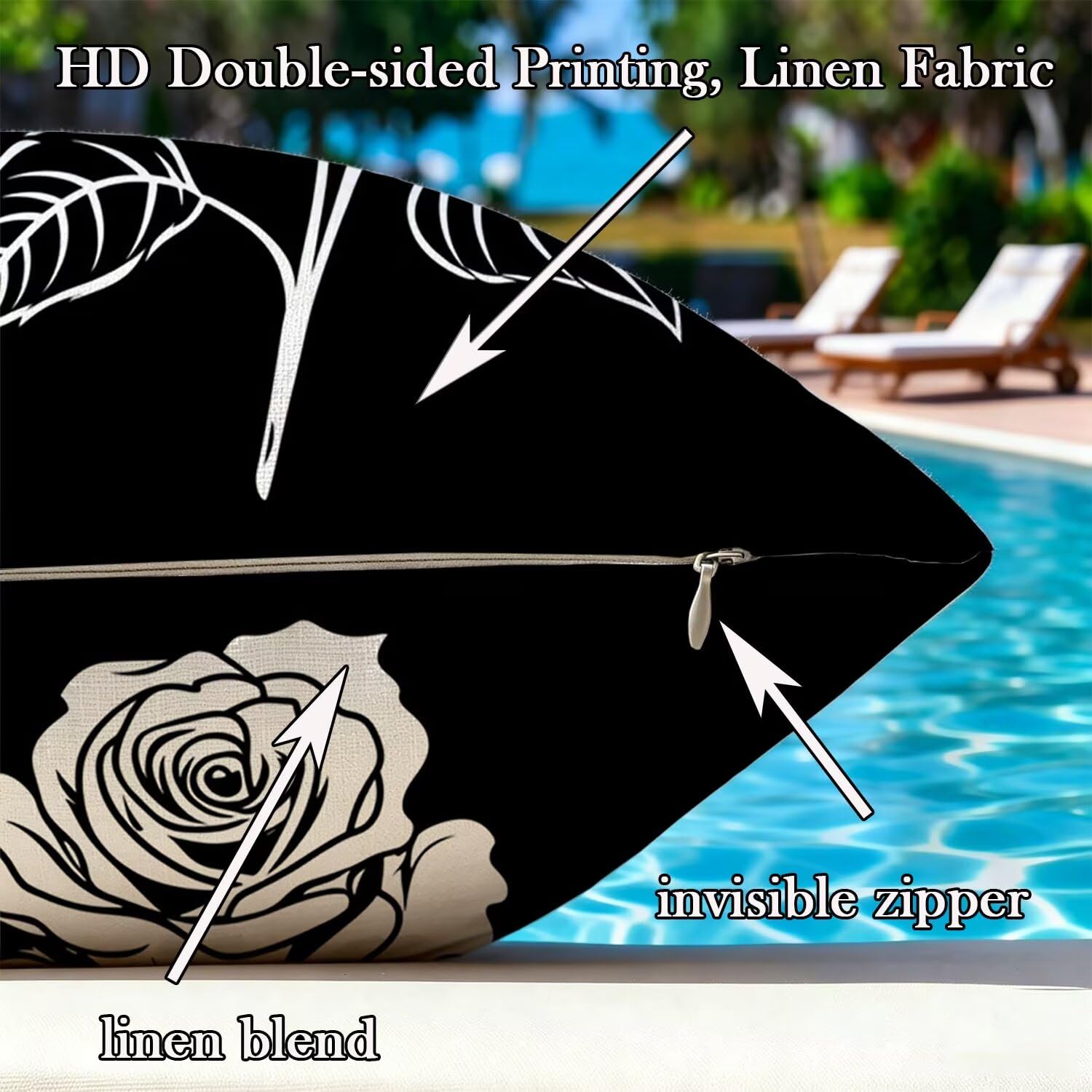 Kissenbezug 65x65cm Outdoor Kissen 2er Set Schwarz Blume Samt Dekokissen