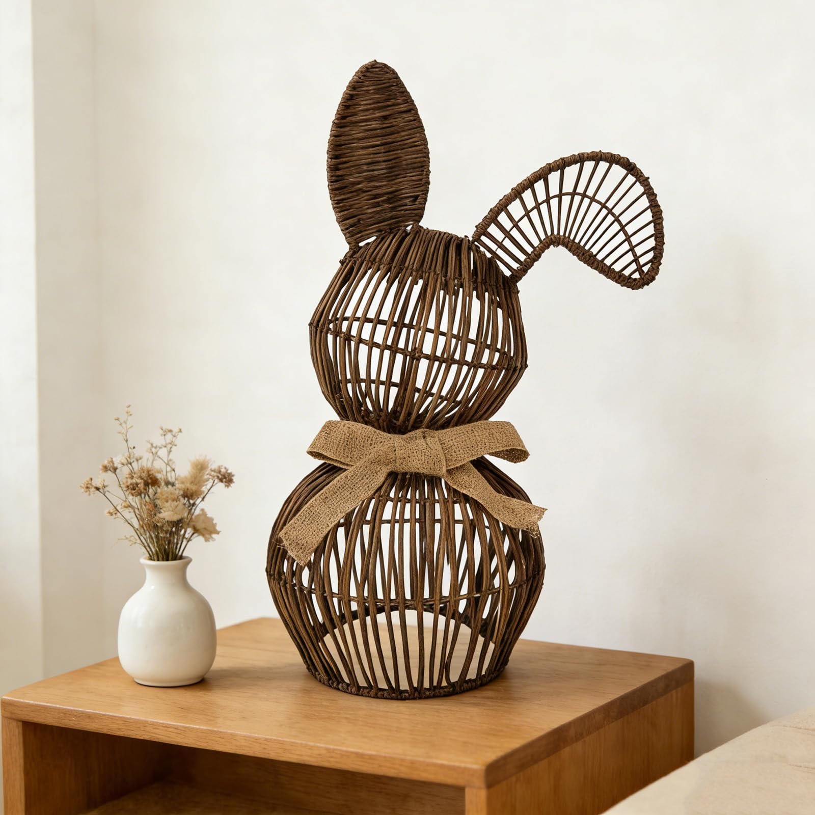 Rattan-Hase mit Schleife, rustikale Osterdekoration, Bauernhaus-Hasen-Osterdekoration, Frühlingshasen-Dekoration für rustikales Bauernhaus, Außenbereich, Haus, Veranda, Eingang, Hof, Rasen (2 Stück)