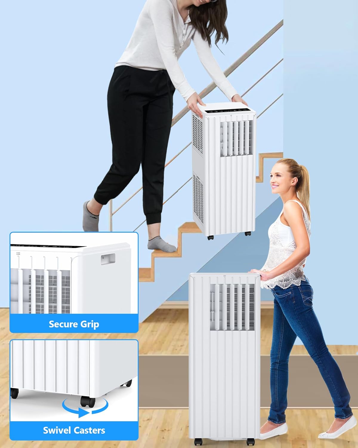 Woman easily moving the portable air conditioner using its handle and swivel casters.