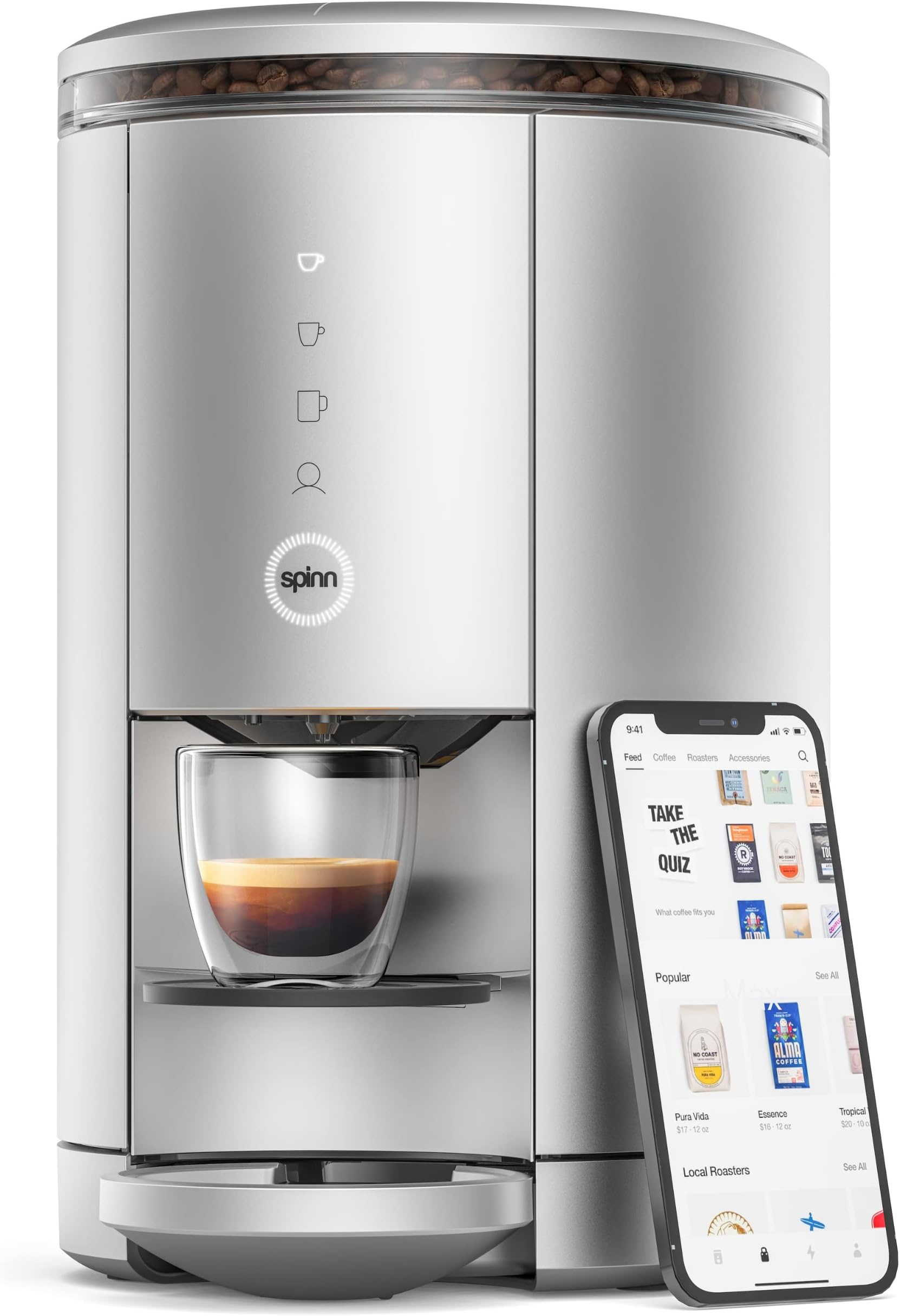 SPINN Espresso & Coffee Machine, Smart WiFi Automatic Coffee Maker, Cold Brew & Espresso Machine Combo with Programmable Centrifugal Brewing & Grinder, Water Supply Line Compatible, No Refills, Silver