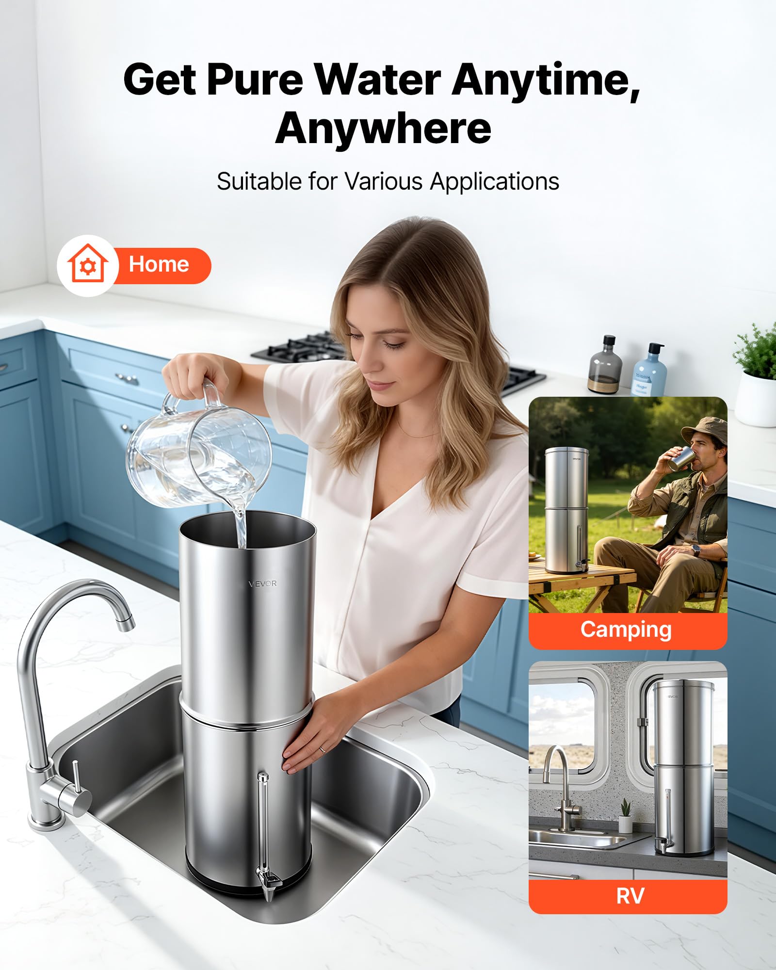 VEVOR Système de Filtration d'Eau par Gravité 12,3 L Filtre à Gravité Inox, Pour Camping, Fontaine Filtrante Réduction du Plomb et Jusqu'à 99% du Chlore, 2 Cartouches au Charbon Actif, Niveau d'Eau