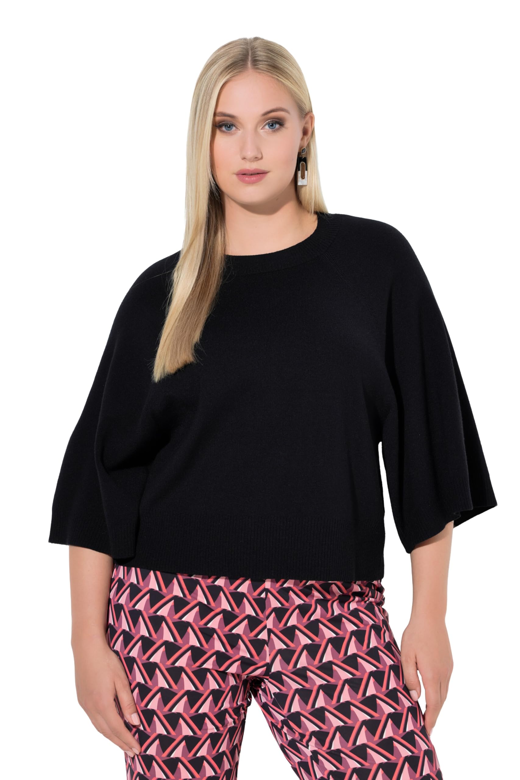 Ulla Popken Damen große Größen Übergrößen Plus Size Pullover, kurz, Rundhalsausschnitt, 3/4-Arm 844777
