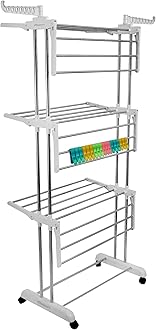 LIVINGBASICS 18 Clips with 3 Layer Cloth Drying Stand for Balcony/Cloth Stand for Drying Clothes Foldable/Stainless Steel Dryer Rack (Snow White, 66 x 174 x 74 cm)