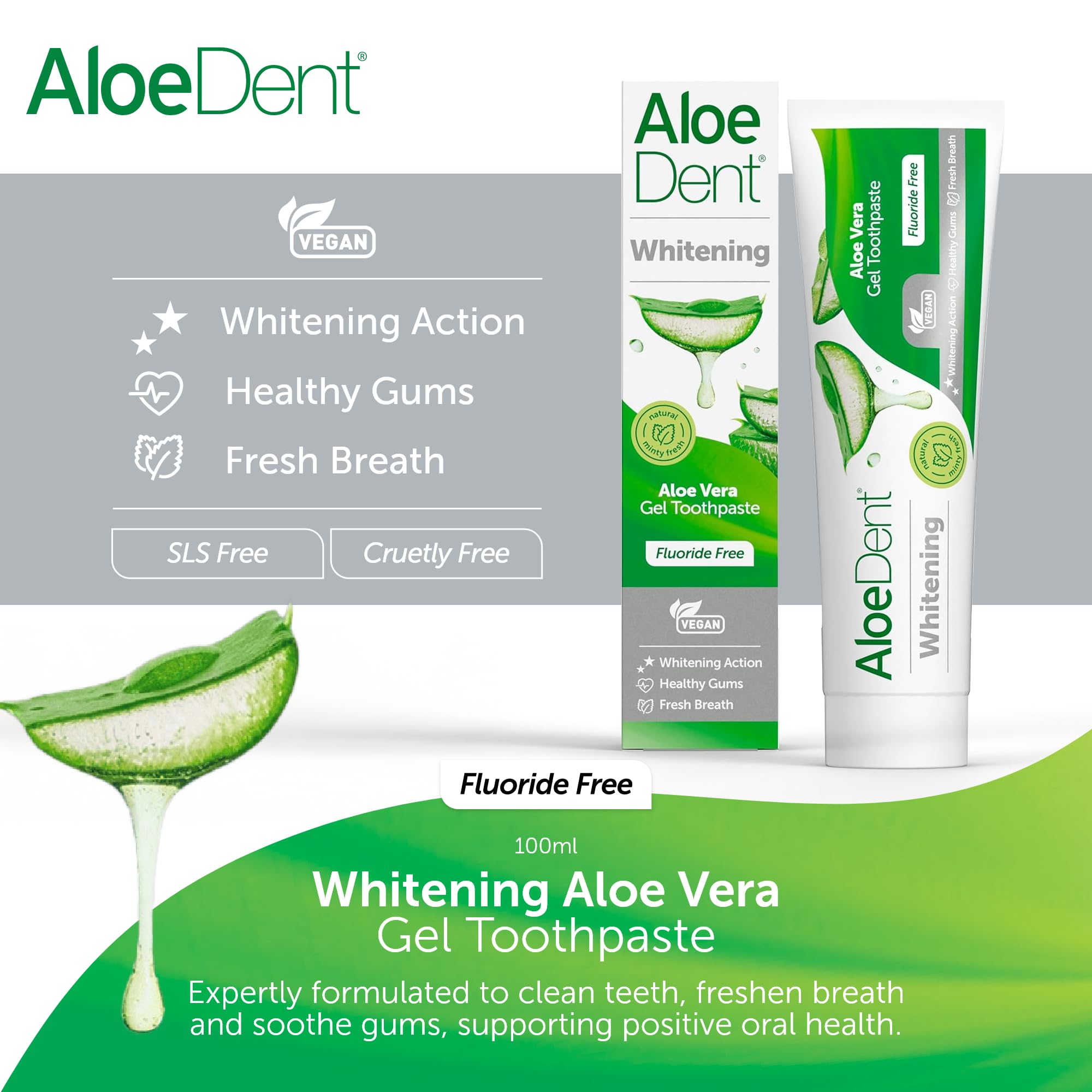 Aloe Dent Whitening Aloe Vera Toothpaste Fluoride Free, Natural Action, Vegan, Cruelty Free , SLS Free, Naturally White, Healthy Gums , 100 ml, packaging may vary