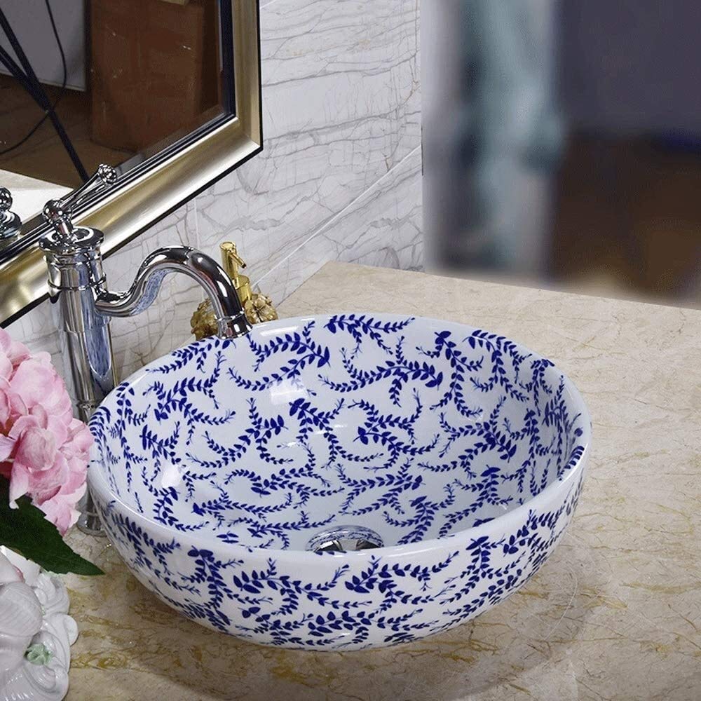 Éviers, lavabo de salle de bain évier de luxe hôtel art évier moderne rond en céramique lavabo de salle de bain au-dessus du comptoir Art bol en porcelaine peint à la main motif feuilles lavabo