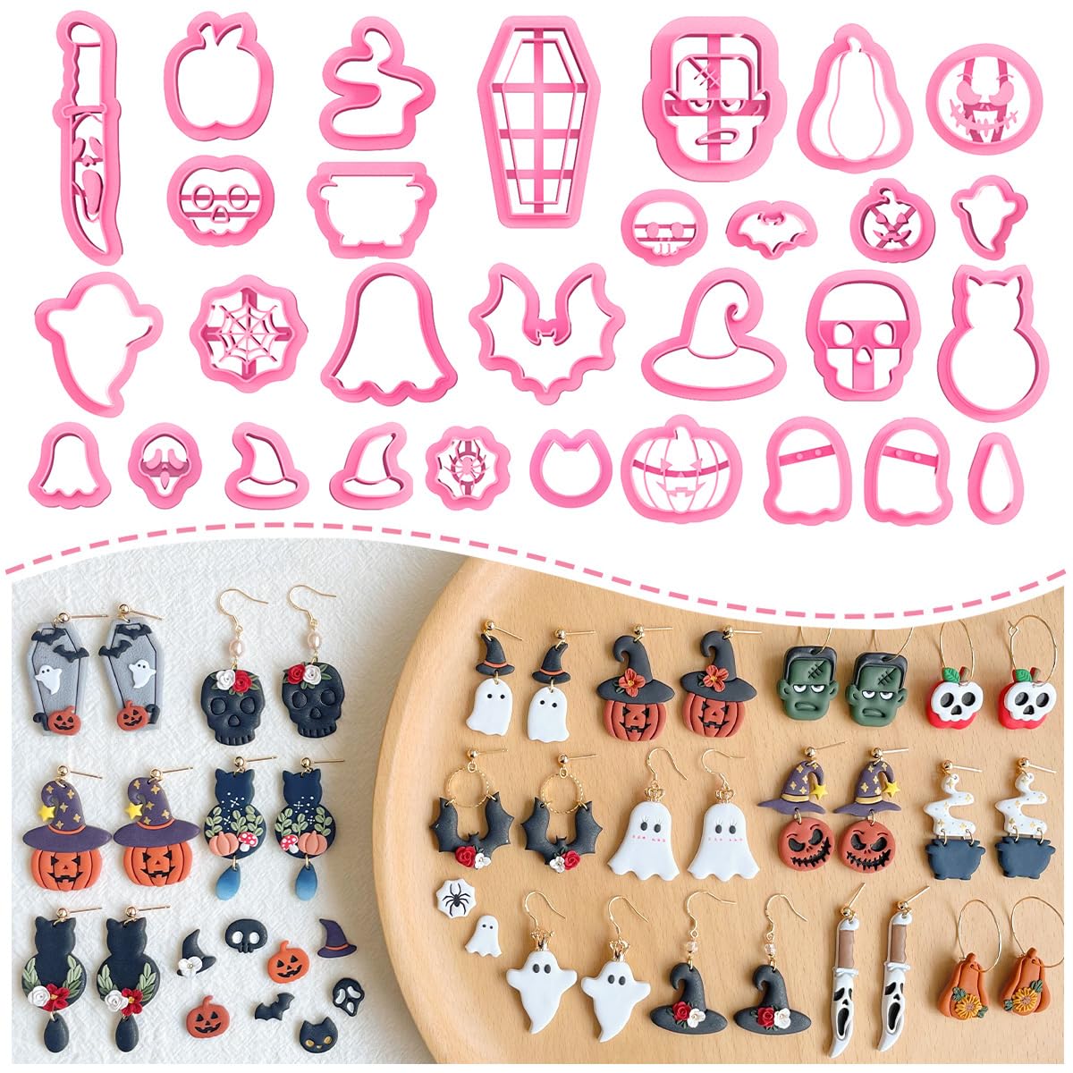 Keoker Cortadores de arcilla polimérica de Halloween, cortadores de arcilla polimérica de Halloween, cortadores de arcilla de Halloween de 30 formas para aretes, cortadores de arcilla de calabaza para