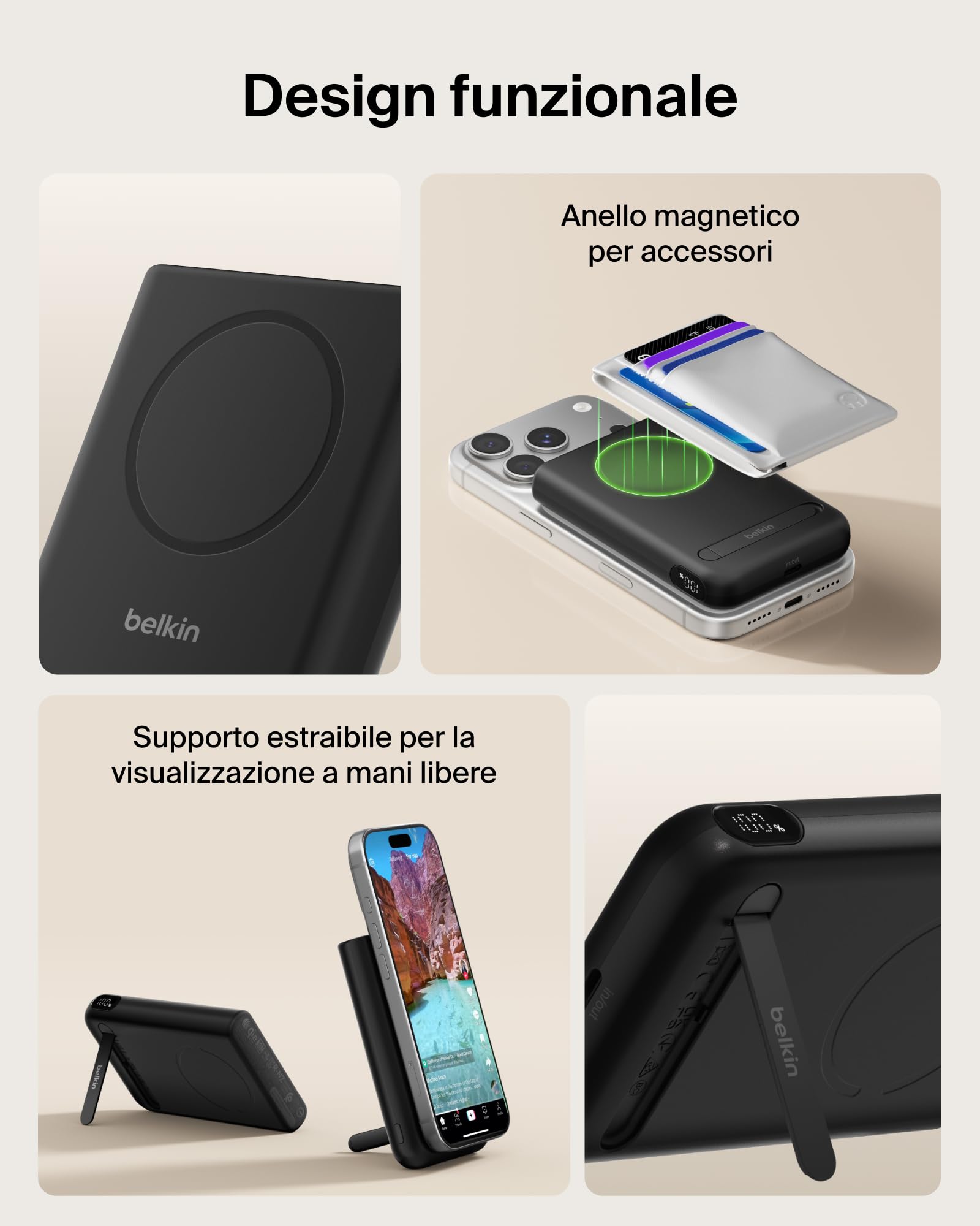 Belkin BoostCharge Power Bank Magnetico 5000mAh con Supporto - Nero | Caricatore Portatile 5000mAh Wireless, Anello Magnetico, Porta USB-C, Pre-Caricato, Cavo Incluso, Sicuro per l'Aereo