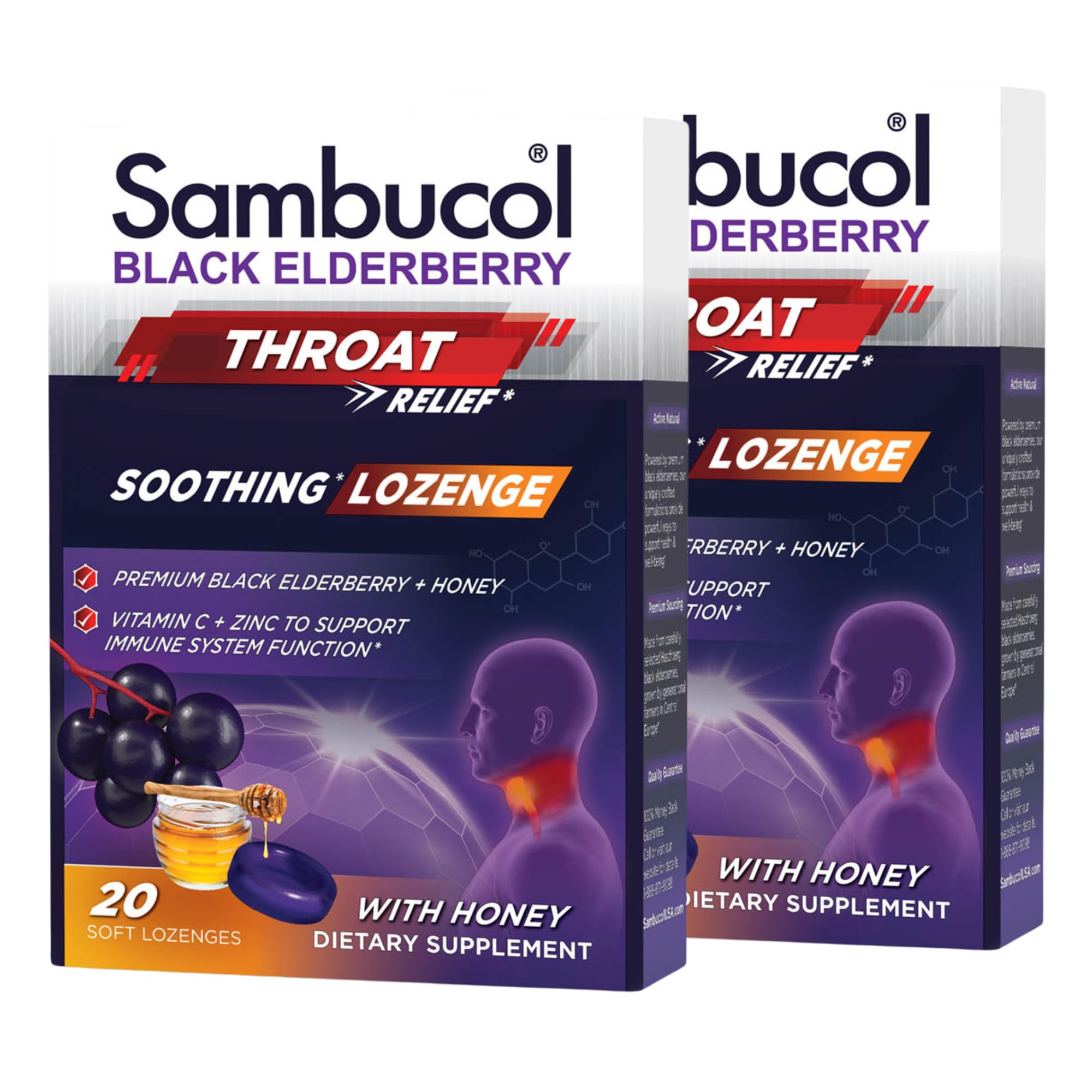 Sambucol Black Elderberry Throat Lozenge - with Honey, Vitamin C & Zinc, Elderberry Lozenges Sore Throat & Cough, Soothes Scratchy Throat, Soft & Chewy - 2 Pack (40 Total Pastilles)