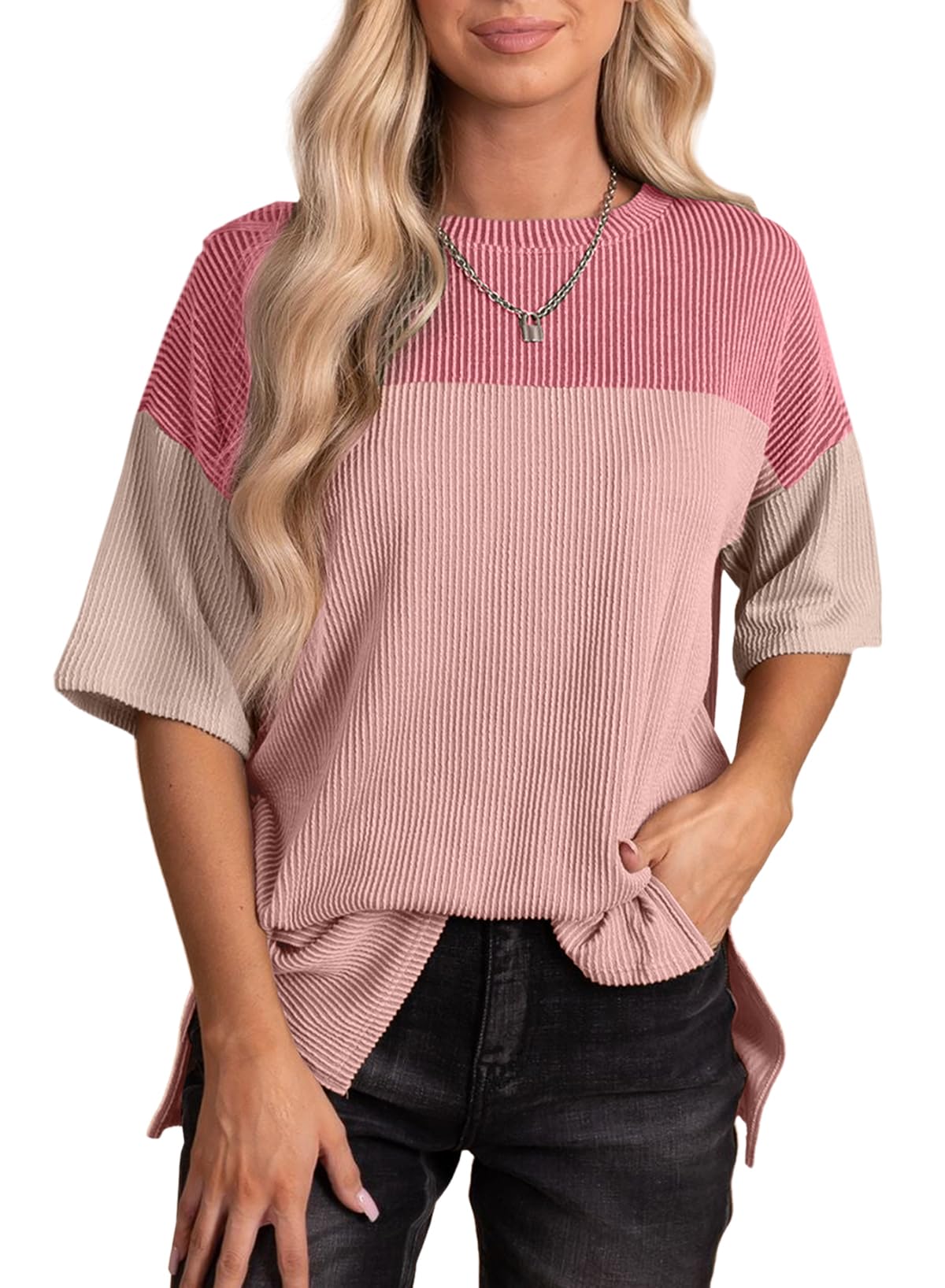 EVALESS Womens Summer Short Sleeve Crewneck Shirts Tops 2025 Fashion Color Block Casual Tunic Top