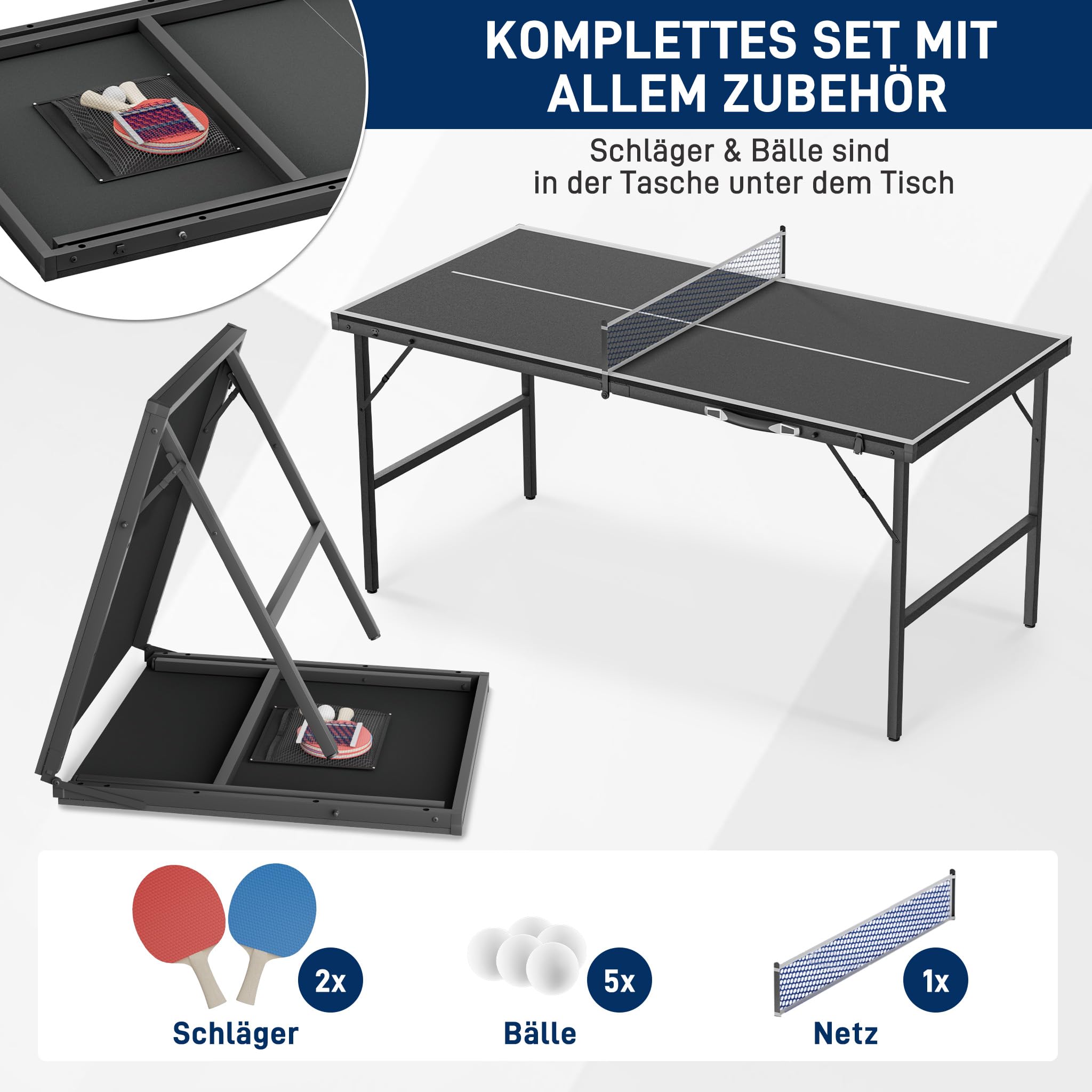 YRHome Mini Tischtennisplatte Klappbar 153x75x80cm, 14mm Laminierte MDF Tischtennistisch mit Verzinktem Stahlgestell, Tragbar Koffer-Design inkl. 2 Schläger 5 Bälle Netz Aufbewahrungstasche