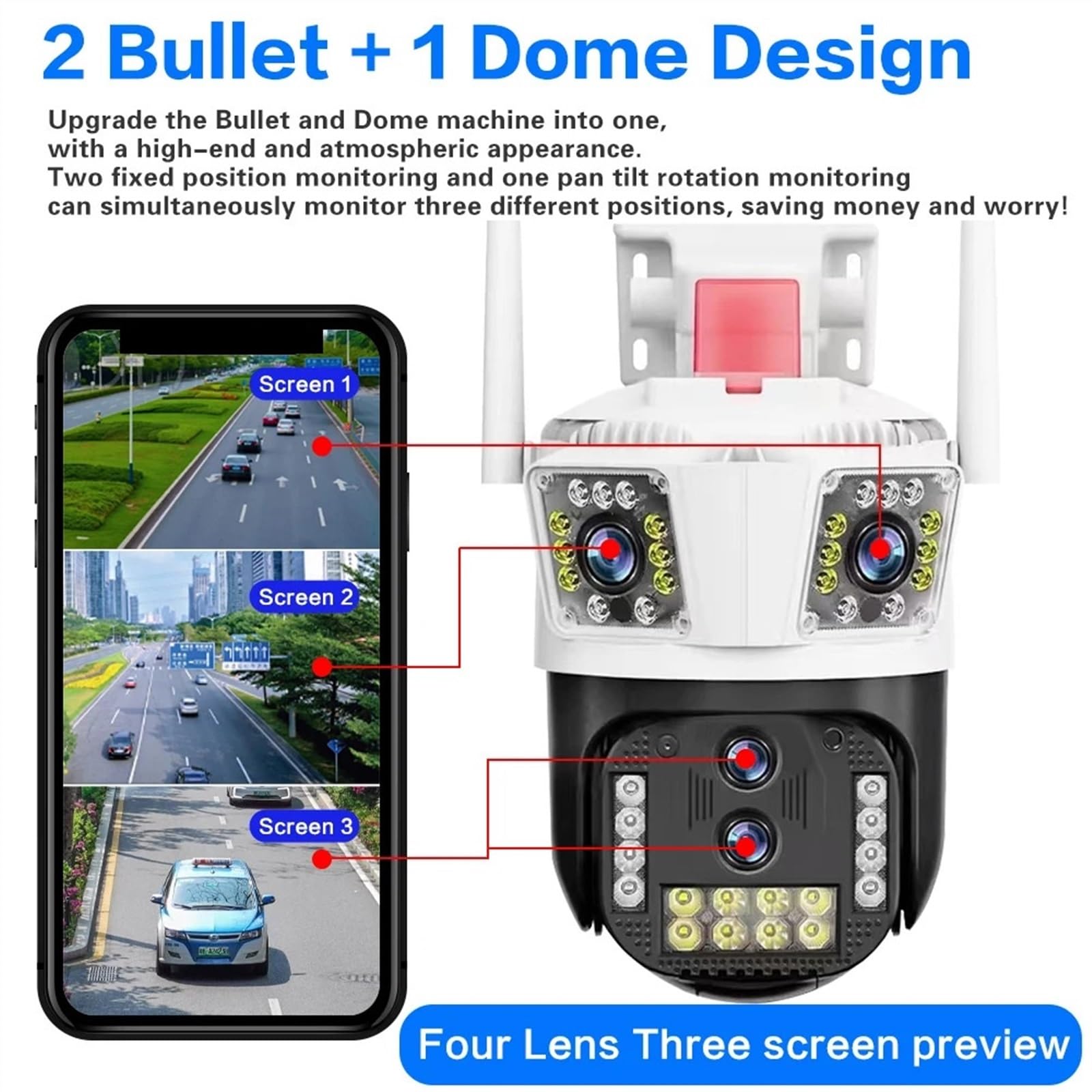 Telecamera di sicurezza, Telecamera PTZ a quattro obiettivi 8K 16MP IP a tre schermi AI Tracciamento umano di sorveglianza CCTV sicurezza esterna(8K Add 64G Card)