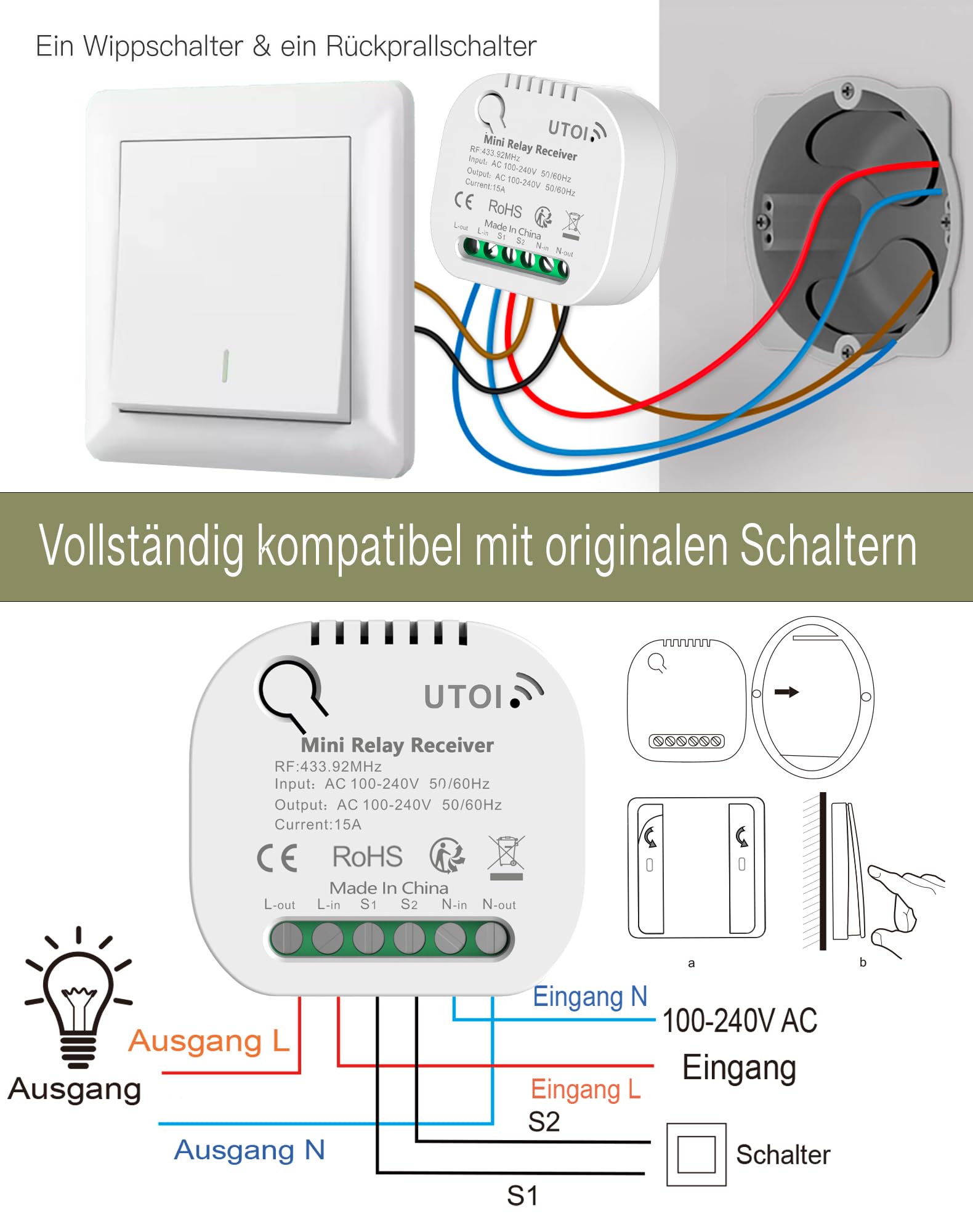 Interruptor inalámbrico sin batería, kit de marcha y viene con 2 interruptores y 1 receptor de 15 A, control remoto para iluminación, compatible con interruptores tradicionales, sin parpadeo LED