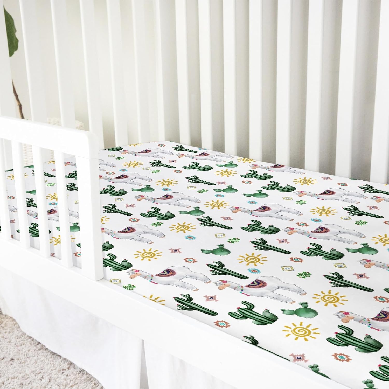 Cute Llama Baby Crib Sheet 52''x28'' Cartoon Llama Sun Cactus Snug Fitted Crib Mattress Cover for Boy Girl Desert Animal Fitted Crib Bed Sheet for Standard Crib and Toddler Mattresses