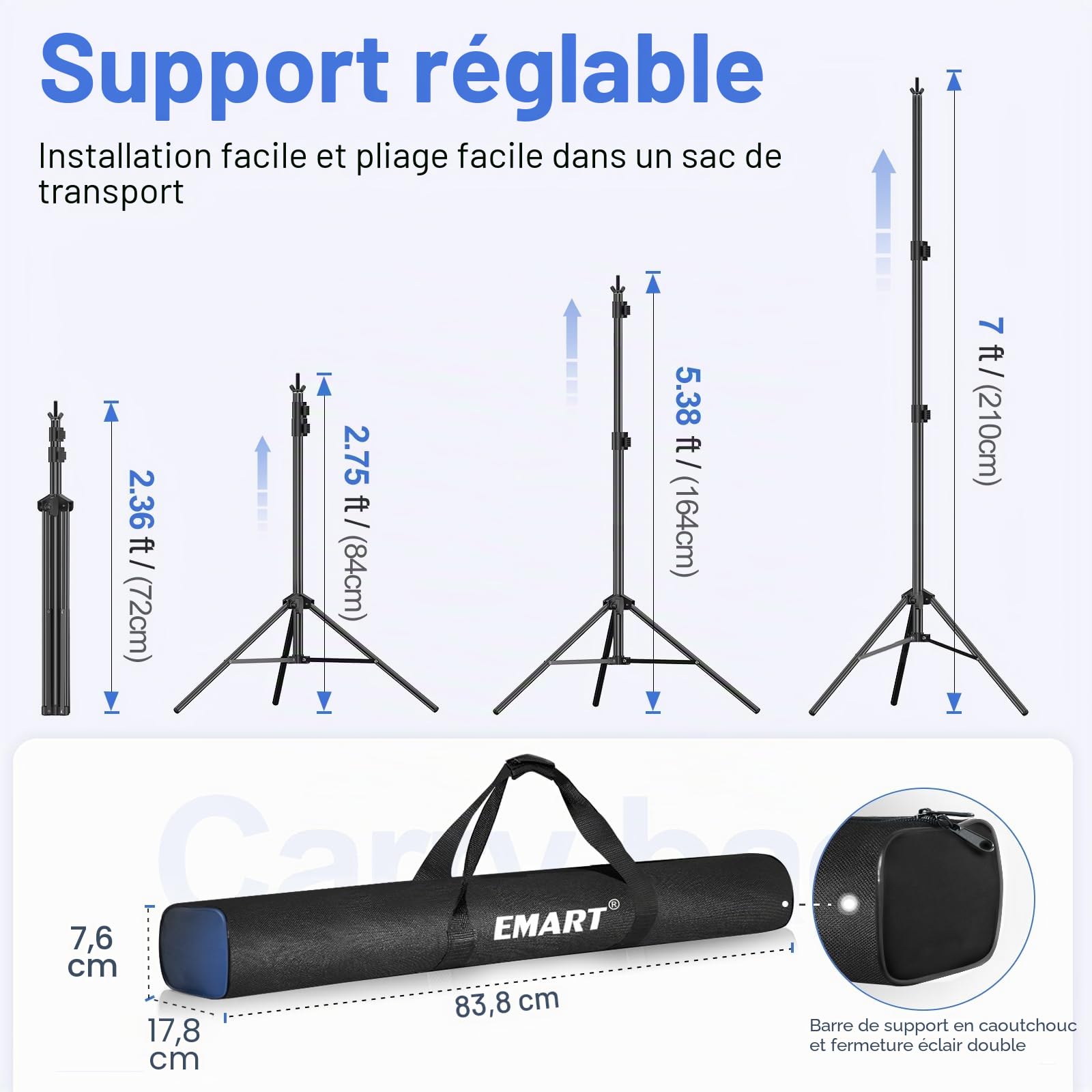 EMART Support Fond Photo, 2x3m de Support Toile de Fond Réglable avec 8 Pinces, 2 Sacs de Sable et Sac de Transport pour Studio Photo, Vidéo, Fête, Mariage