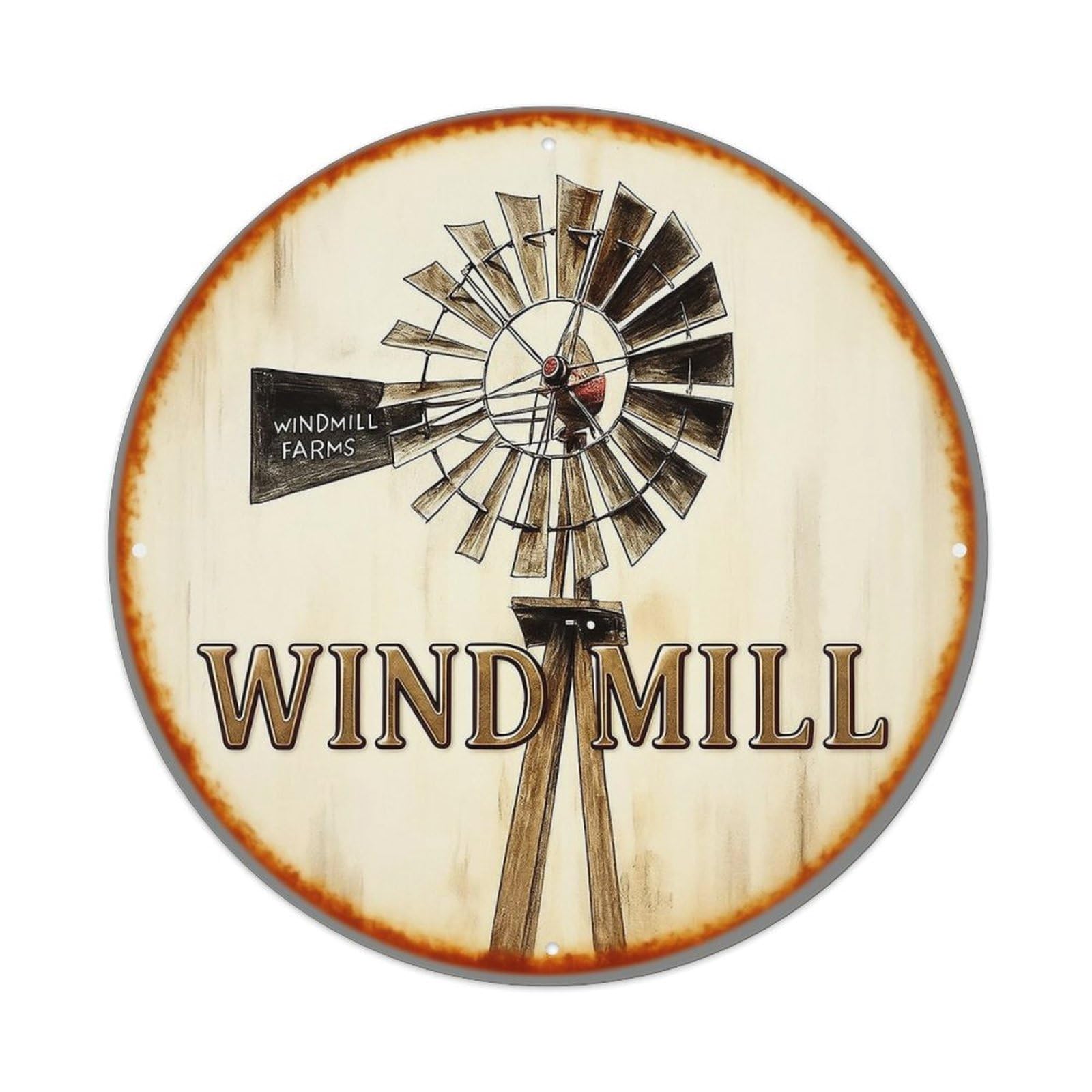 Windmill Farm Scene Pattern Print Vintage Round Tin Sign Retro Metal Wall Decor Metal Poster, Home Bar Garage Cafe Wall Art Decoration 8x8Inches