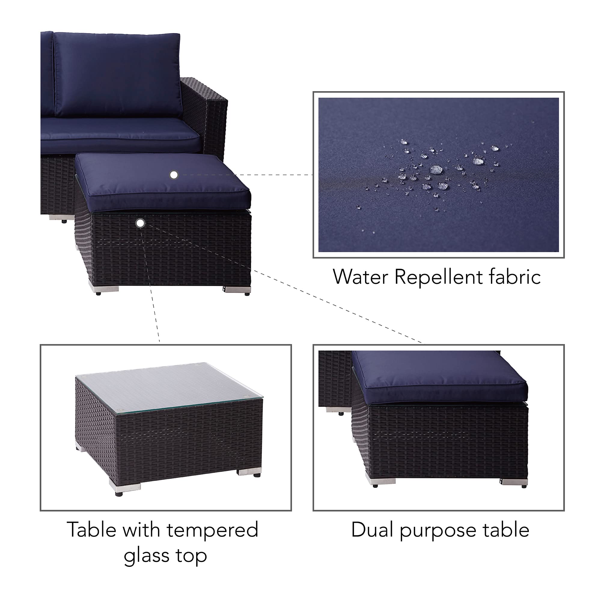 Teamson Home Terrasse Gartenmöbel, 3-Teiliges Rattan Weide Schnitt Set mit 2er-Sofa, Chaiselongue, Tisch und Kissen, Braun/Blau