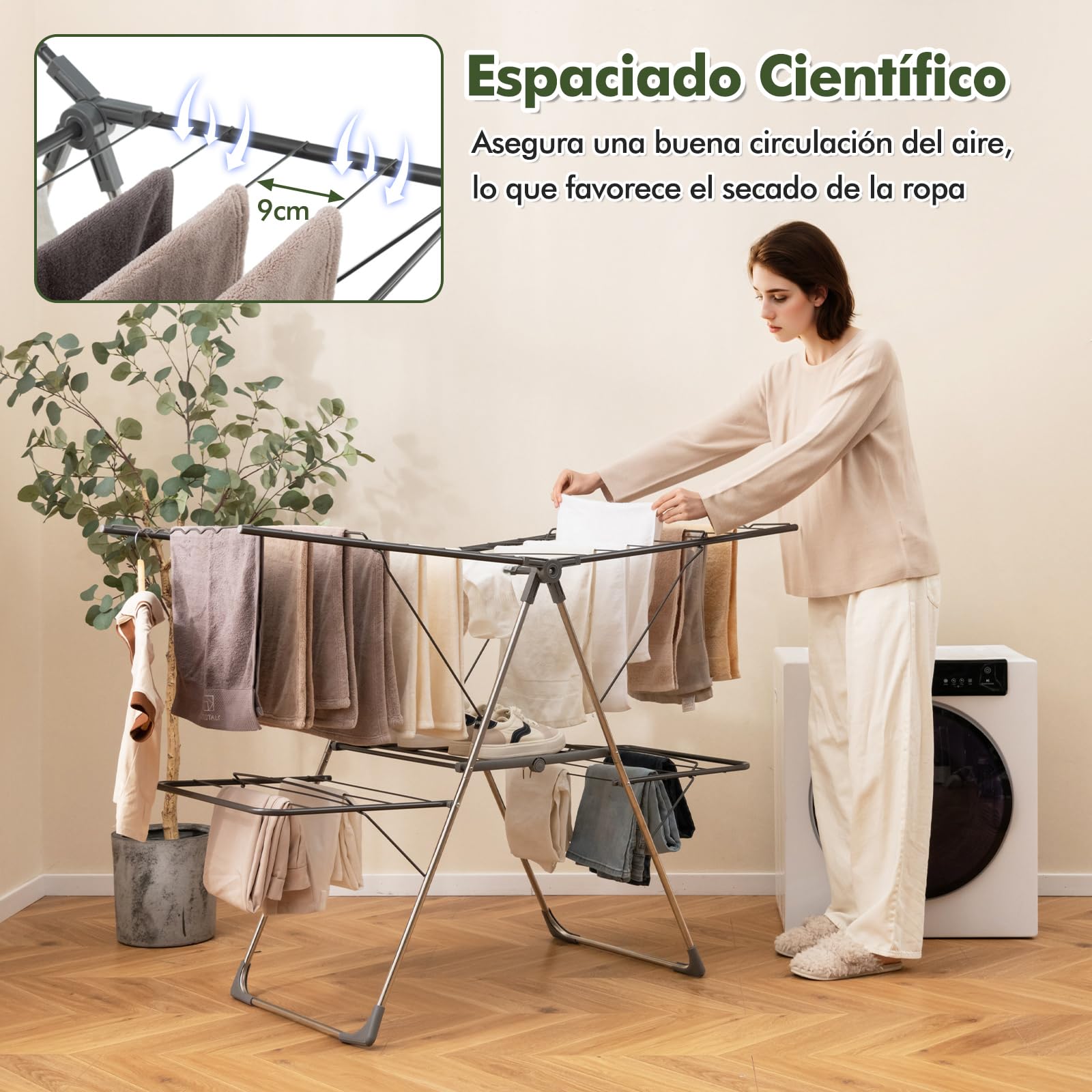 COSTWAY Tendedero de Ropa de 2 Niveles, Estante Plegable para Ropa con 33 Barras de Secado, Alas Ajustables, Clips para Calcetines, Patas de Acero Inoxidable, Uso Interior y Exterior