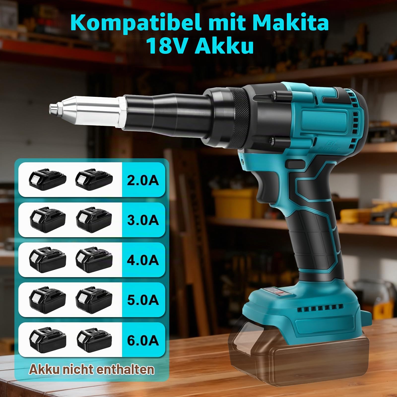 Akku Nietzange Kompatibel mit Makita 18V Akku, 30000N Bürstenlose Blindnietzange, Elektrische Nietpistole mit LED, Automatischer Popnietenzange Mit 3.2/4.0/4.8mm Adaptern(ohne Batterien)