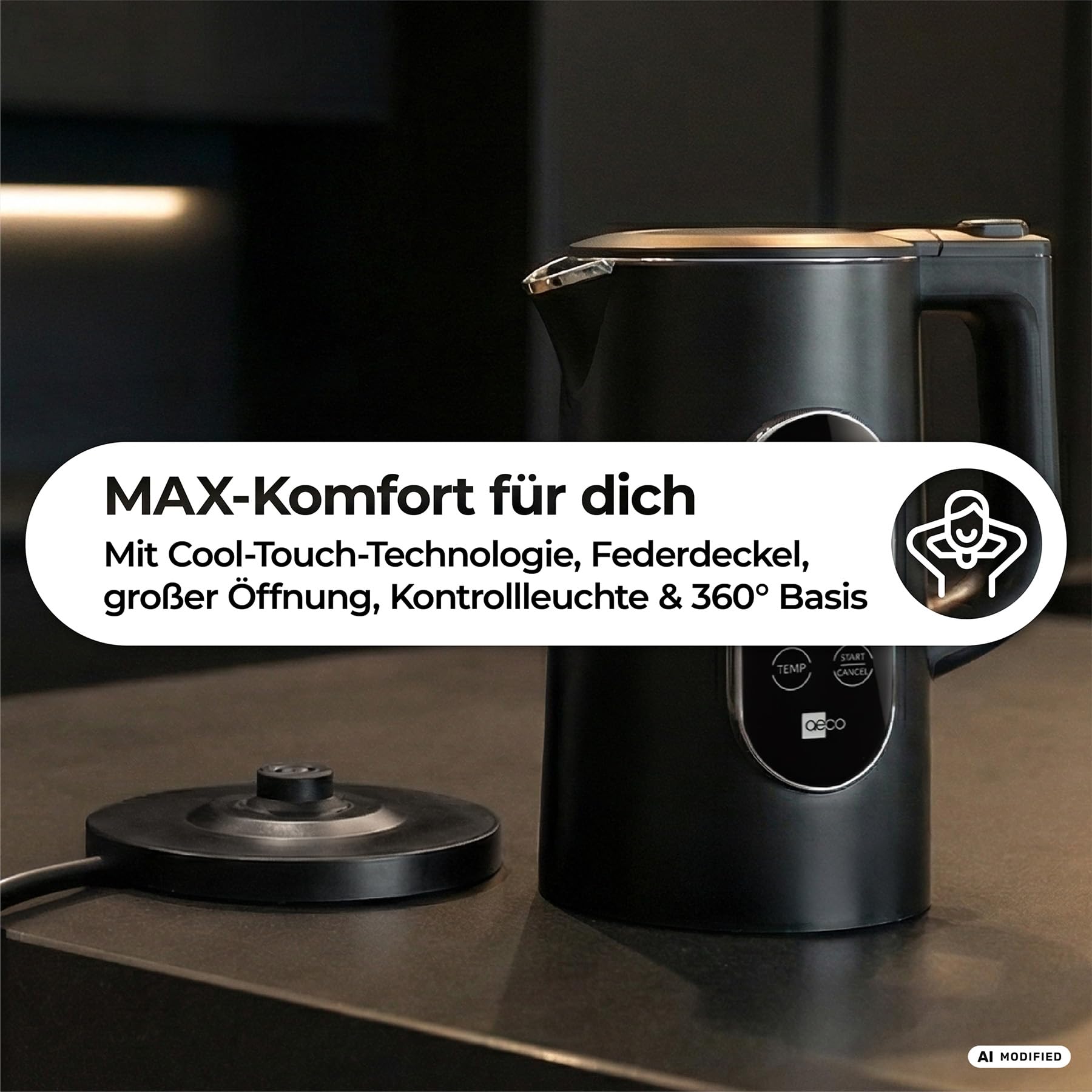 aeco AQA ELITE elektrischer Wasserkocher Edelstahl schwarz-matt mit Temperatureinstellung Tee-Kocher Teebereiter electric kettle tea-maker | 1,5 Liter, 2200 Watt, BPA-frei, Kalk-Filter, Cool-Touch