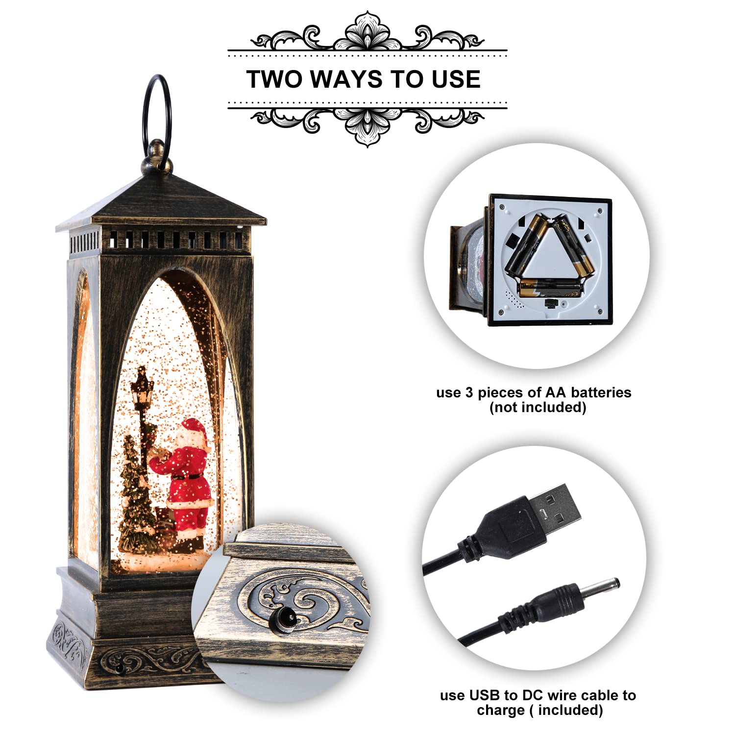 LUTER Lanterne Boule à Neige Musicale de Noël, Alimenté par Piles et Plug USB Lanterne à Eau de Noël Père Noël Decoration Illuminée Style Lanterne Boule à Neige de Noël pour Maison Magasin