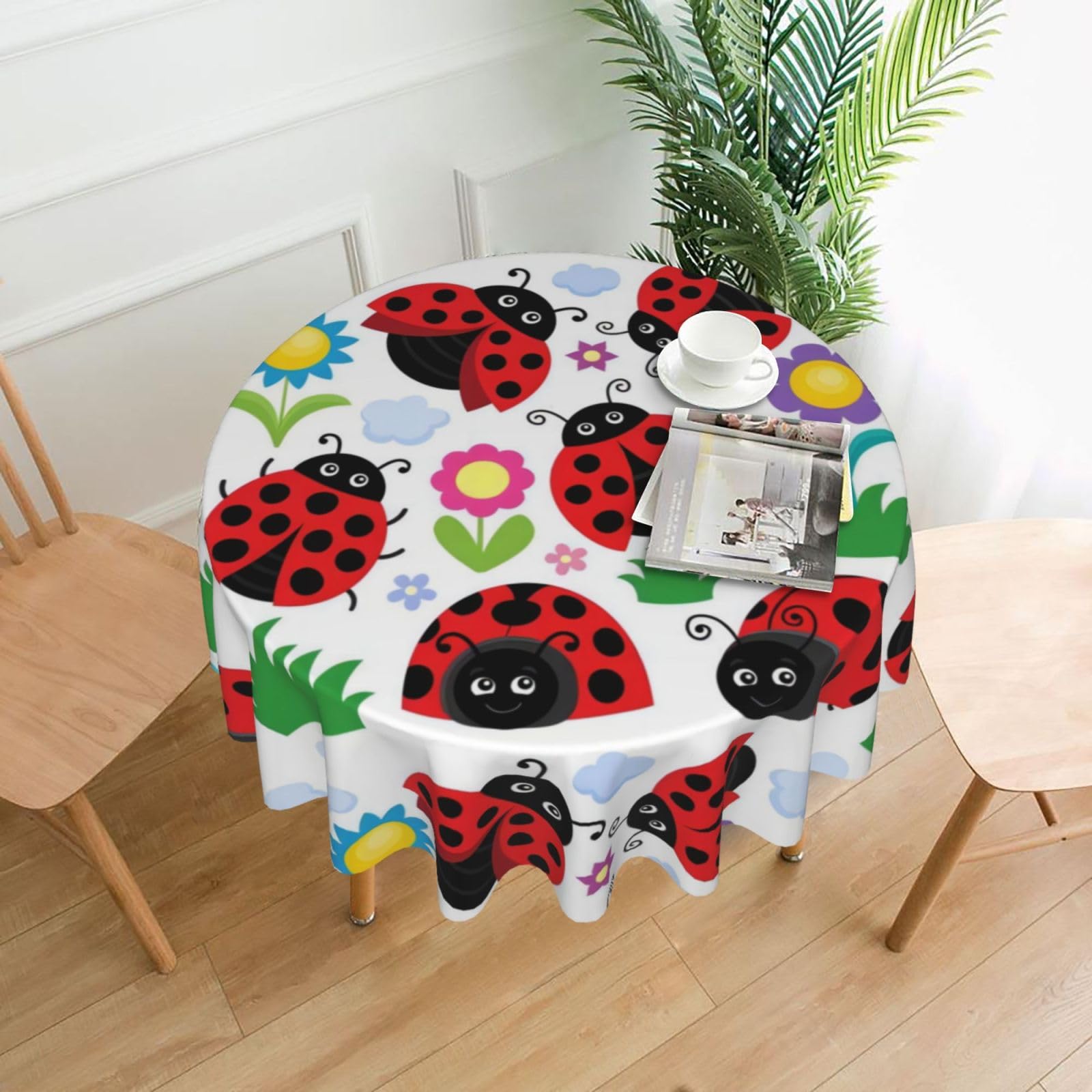 YYHWHJDE Cartoon Ladybug Flower Prints Round Decorative Tablecloth 60in – Elevate Your Dining Space with this Elegant Throw for Everyday Charm & Special Occasions