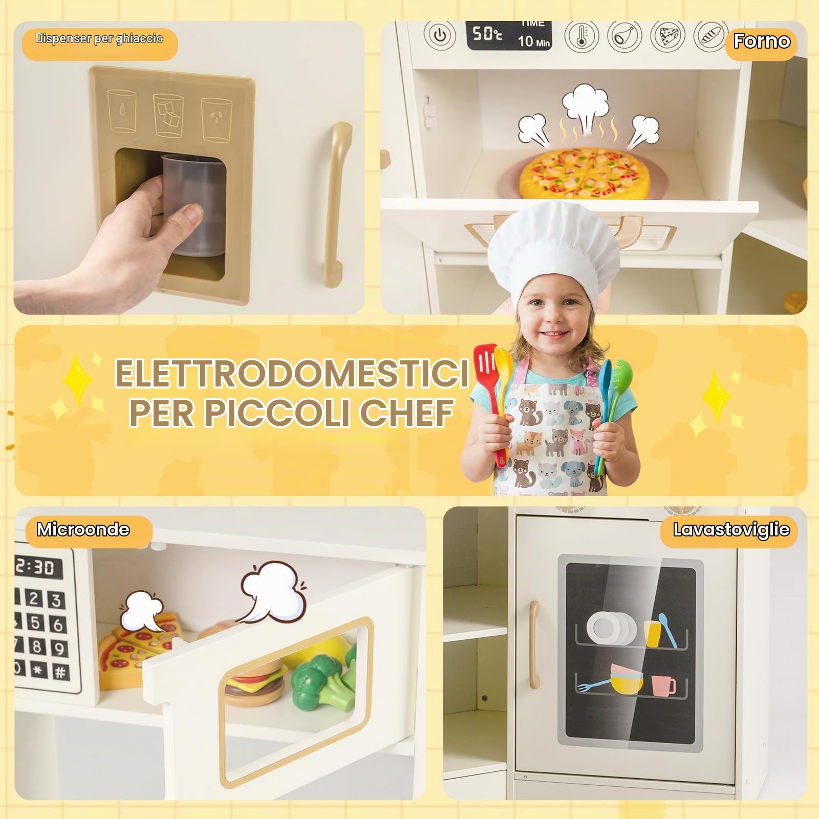 FANTASK Cucina in legno per bambini, angolo cucina giochi con rubinetto, dispenser di ghiaccio e accessori da cucina, forno a microonde, cucina giochi per bambini dai 3 anni in su