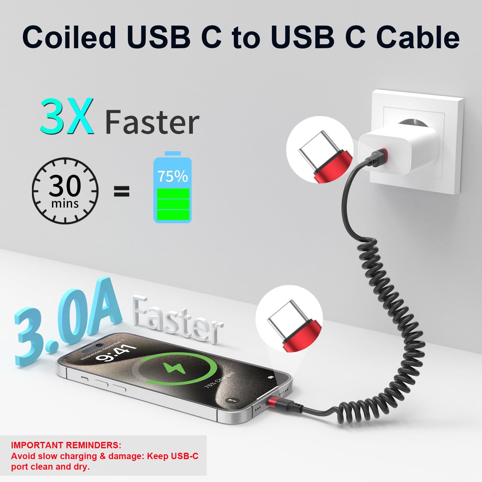 Cavo a spirale da USB C a USB C, 0,9 m, confezione da 2 cavi di ricarica USB C per auto, cavo di ricarica rapida per iPhone 16 15 Plus Pro Max Samsung Galaxy S24 S23 Note 20 10 A50 A20 Moto G LG