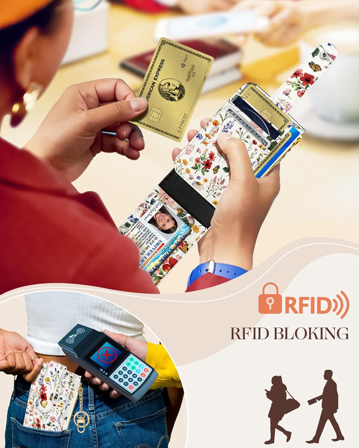 Cute Card Wallet Women - Small Wallets with Keychain Vintage Flower RFID Credit Cardholder Aesthetic Fashion Design Coin Purse for Female Ladies Teen Girls - Image 4