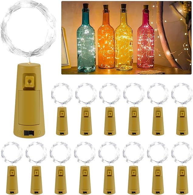 [15 Pack] Bottle Lights with Cork, BROTOU 2M 20 LED Wine Bottle String Light| Battery Included| Waterproof Silver Copper Wire Fairy Light for Gift DIY Birthday Wedding Halloween Christmas (Cold White)