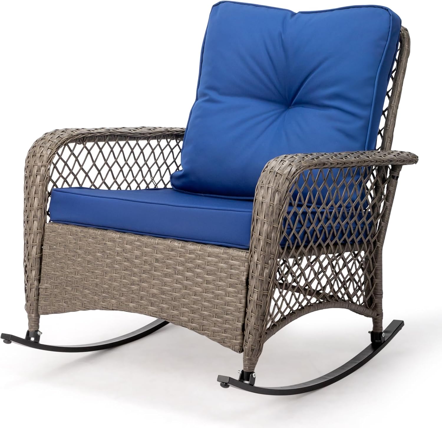 Outvita Outdoor Wicker Rocking Chair, Patio Rattan Rocker Chair w/Cushions & Steel Frame, All-Weather Rocking Lawn Wicker Furniture for Garden Backyard Porch Deck (Beige)