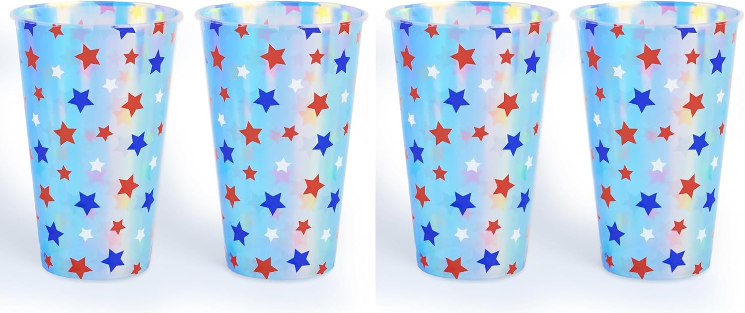 xo, Fetti Fourth of July Decorations Iridescent Plastic Cups - 16 Disposable 16 oz Cups | USA Party Favors, American Flag Party Supplies, 4th of July Decorations, Red White and Blue Decor