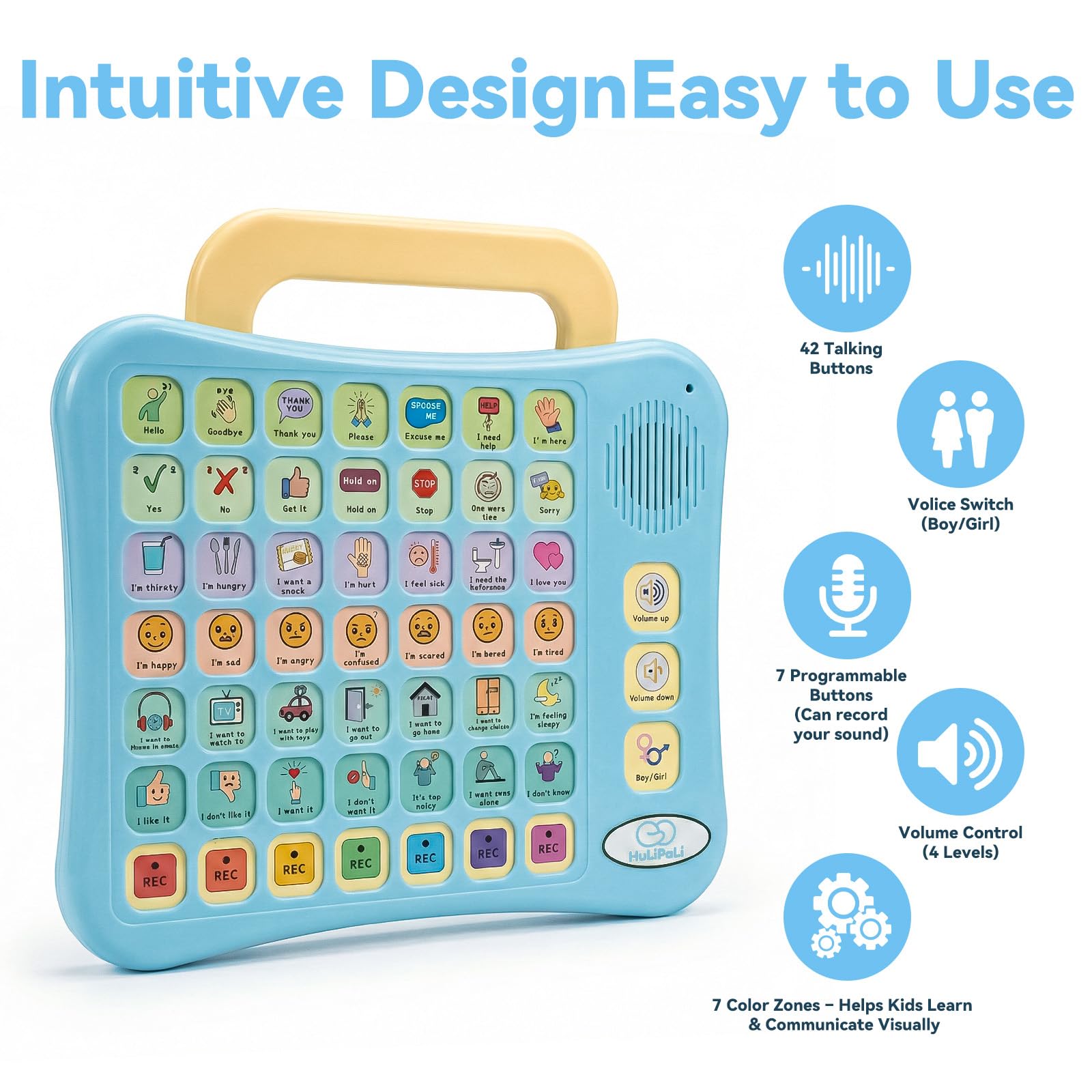 Appareil AAC pour autisme, tablette de communication avec 52 boutons à code couleur, support de poignée pliable, interrupteur vocal pour garçon/fille, 7 boutons d'enregistrement pour enfants non
