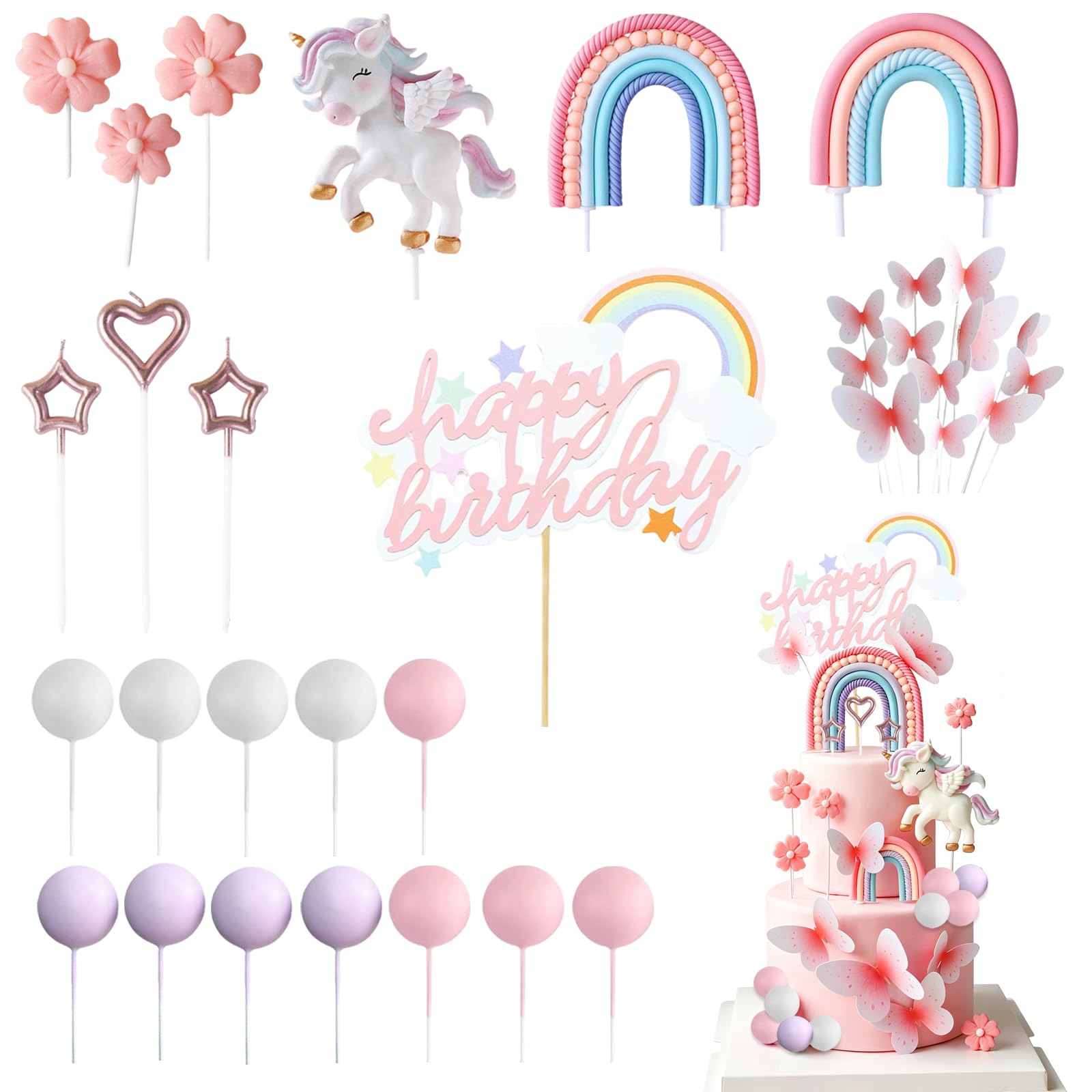 TENGWA 34 PCS Unicorn Cake Topper 3D Rainbow Cake Topper With Candles