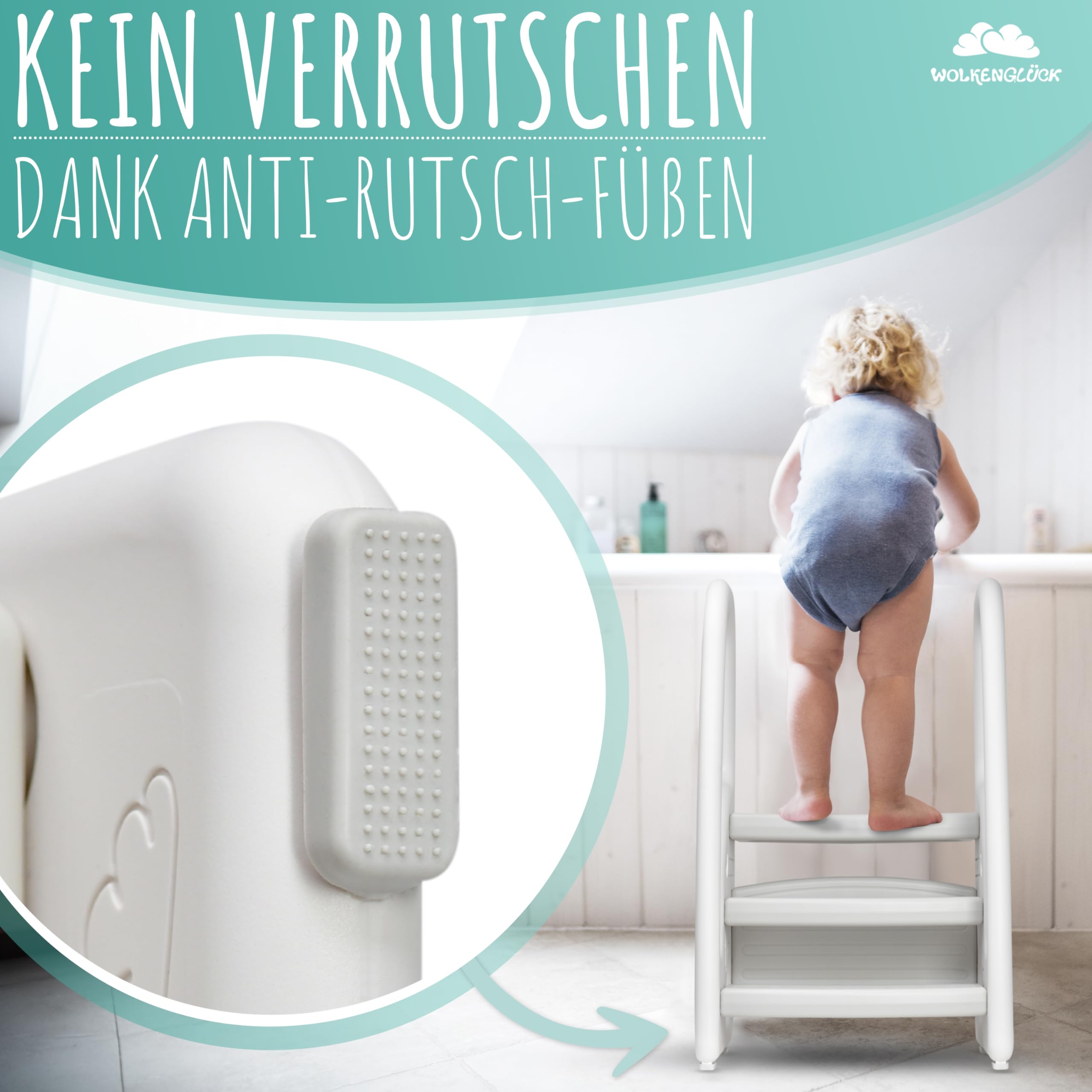 WOLKENGLÜCK® Taburete infantil (3 niveles) – Taburete antideslizante para niños de 1,5 a 6 años (soporta hasta 70 kg) – Escalera infantil para baño, lavabo, cocina o inodoro – Taburete infantil