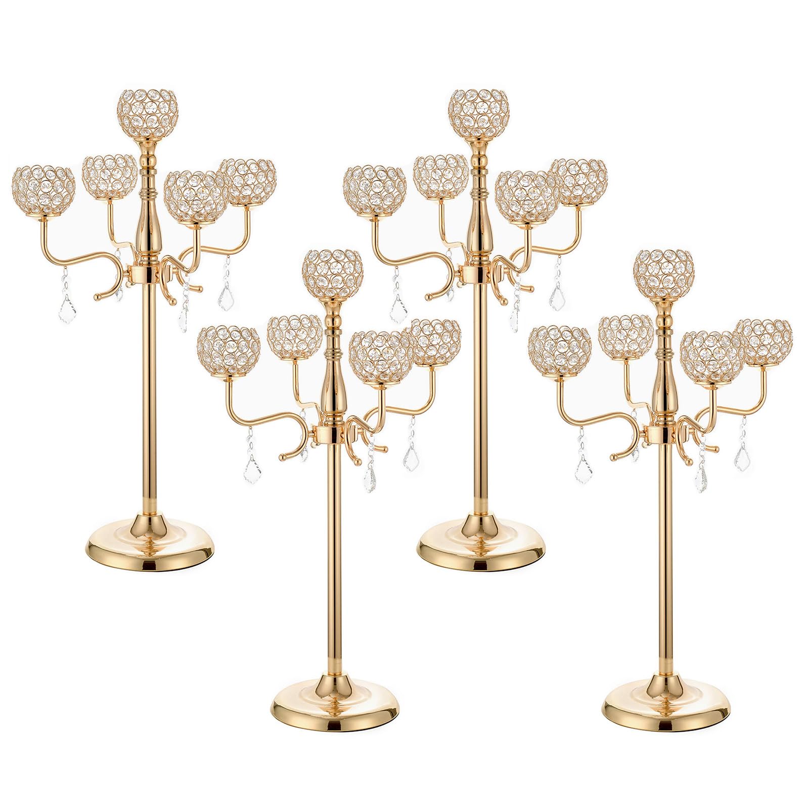 4 Pack 5 Arms Gold Candle Holder,Crystal Candelabra Centerpiece with Crystal Drops for Dinner Party Anniversary Celebration and Wedding Decoration 32.3 Inches Tall