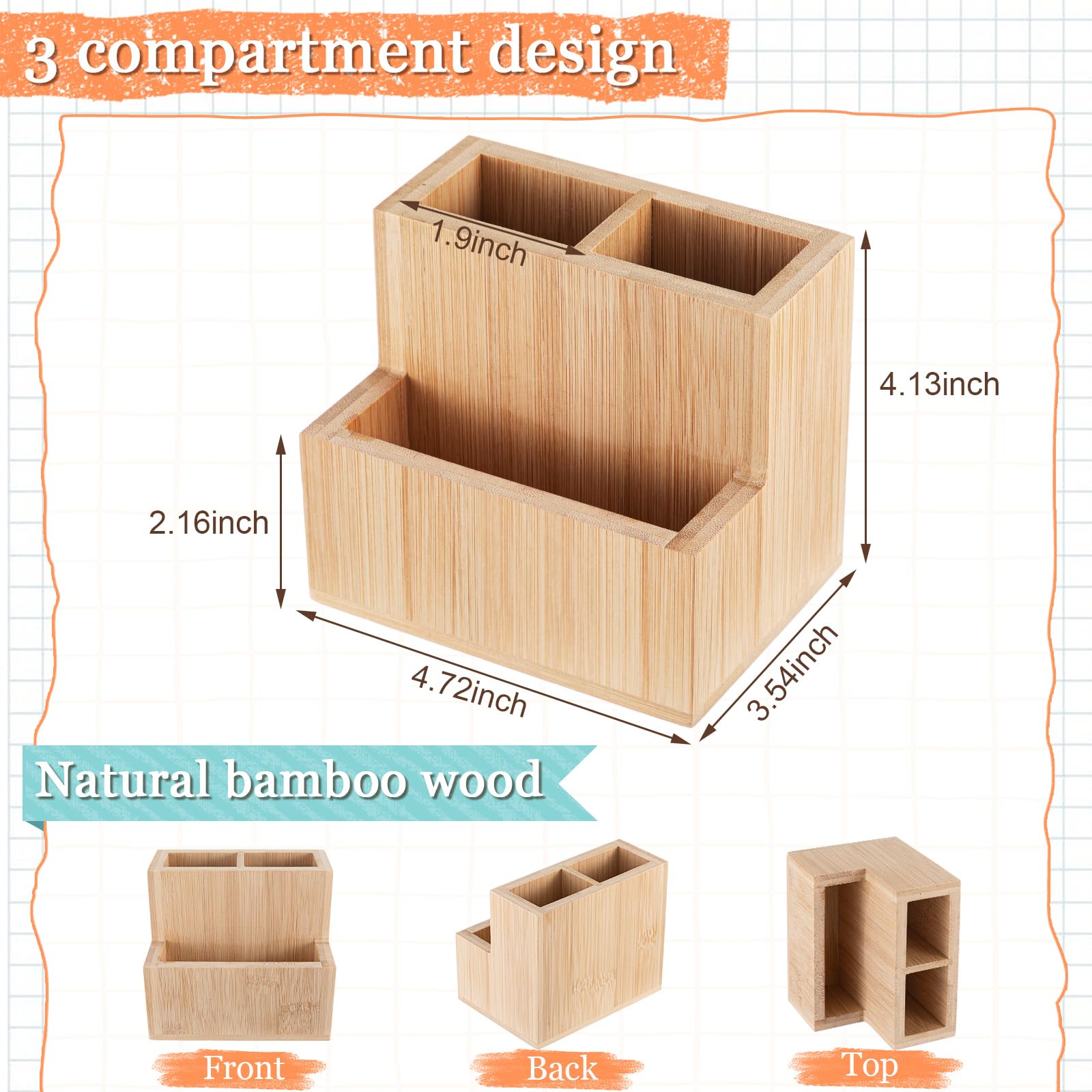 Maitys Bamboo Wood Pen Holder for Desk Wooden Pencil Remote Control Organizer with 3 Compartments Small Desk Accessories for Workspace Home Office Classroom Bathroom 1