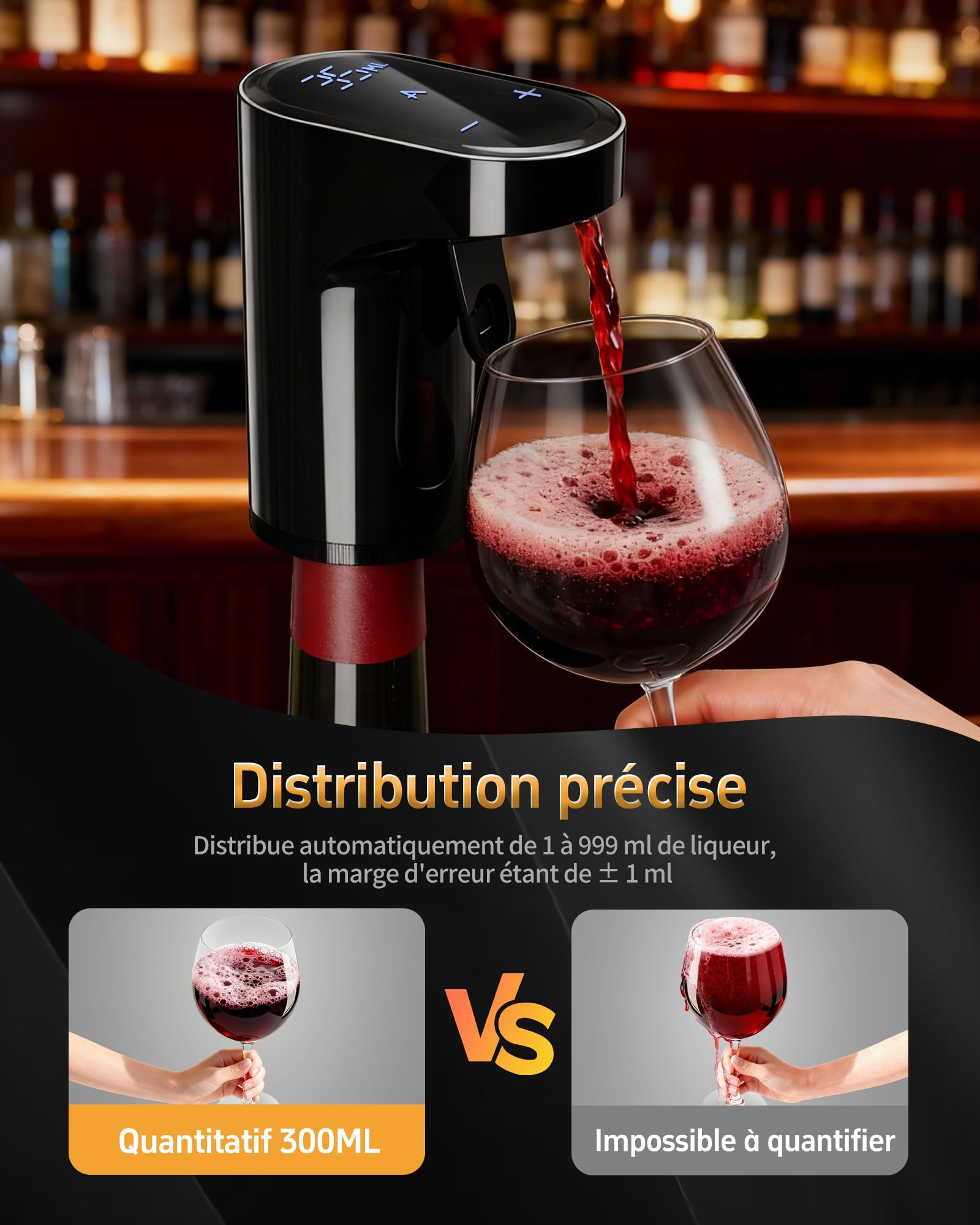 Cadeau Fête des Pères - 5-en-1 Décanteur électrique à vin et distributeur intelligent de liqueur, Aérateur auto dosage précis 1-999 ml, Cadeau de Pâques pour amateurs de vin, de whisky et hôtes (Noir)