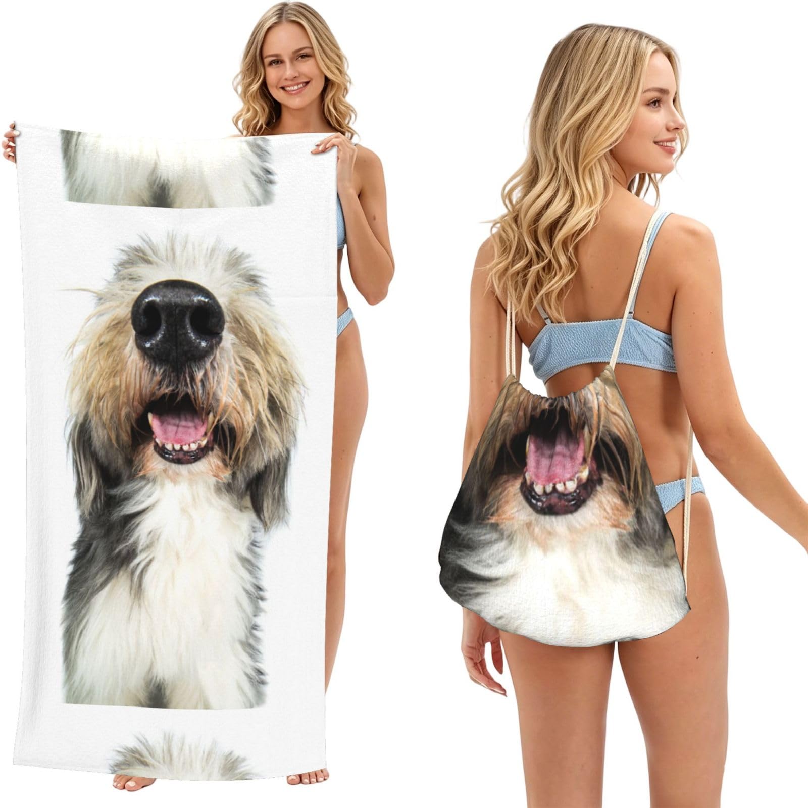 Poadnly As Picture Dog Bearded Collie Funny Nose, 2 In 1 Packable Towel Bag, Beach Towels With Drawstring Backpack For Travel Holiday Camping