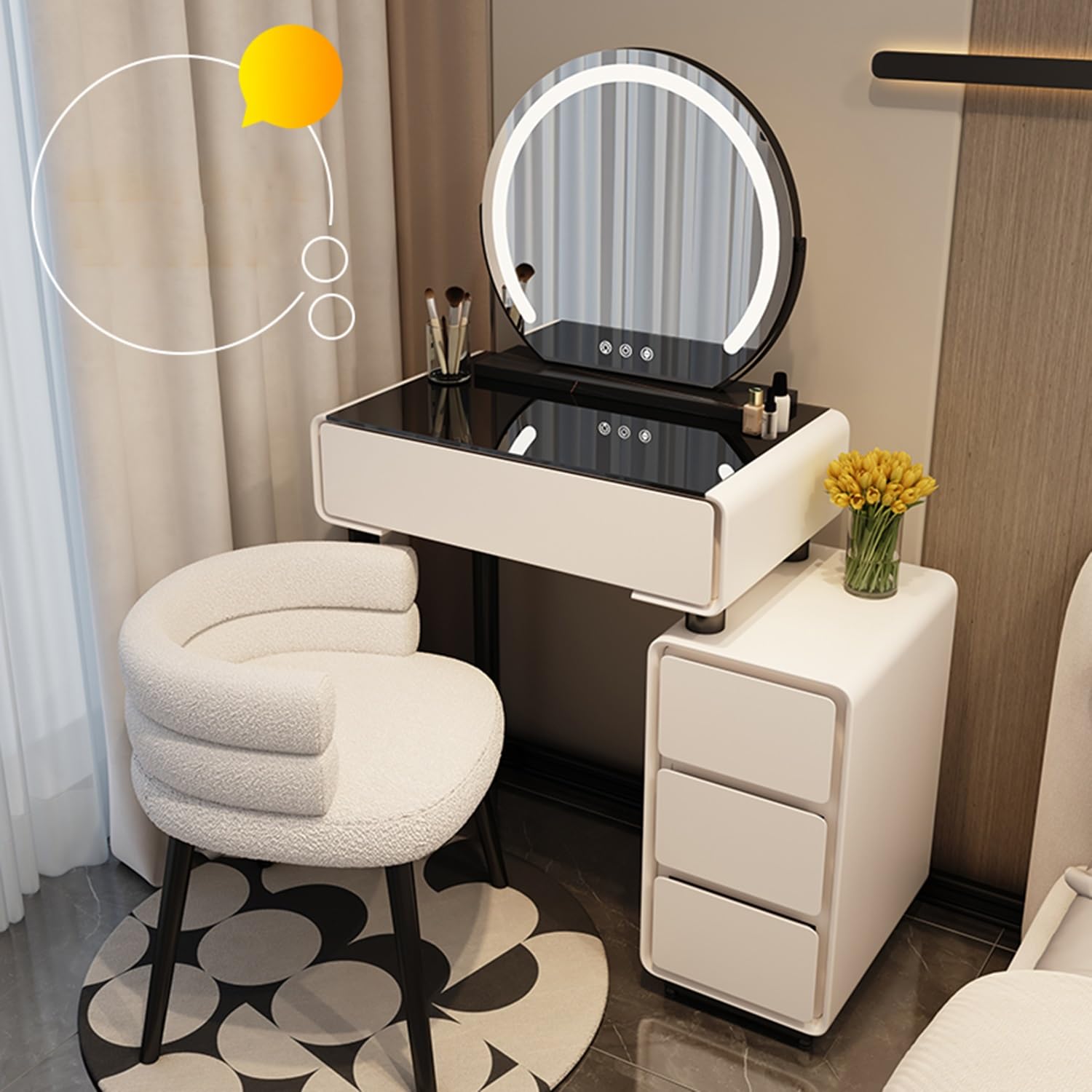 asdchZen White Vanity Desk With Mirror & Lights-Wooden Makeup Table Set With Cushioned Stool-Stylish Dressing Table For Bedroom & Living Room,Deep Black-50cm/19.7in