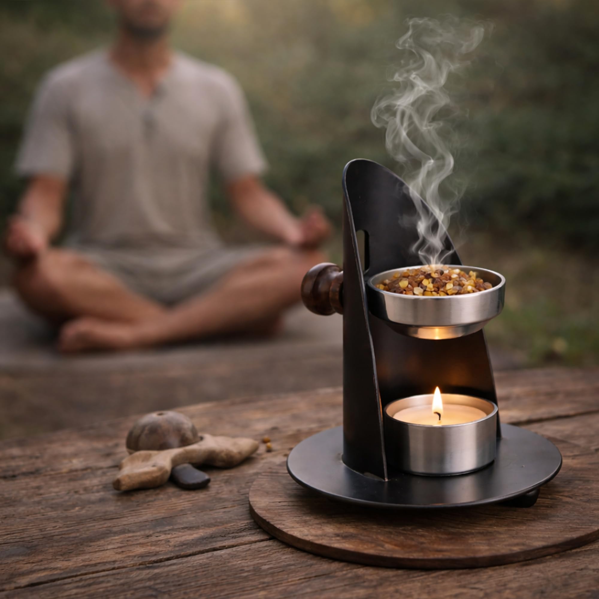 Quemador de Incienso NKlaus Soporte de Incienso Regulable en Altura con Mango de Madera Lacado en Negro Plata para resinas de Incienso e Incienso Modo de Funcionamiento Tea Light 4016