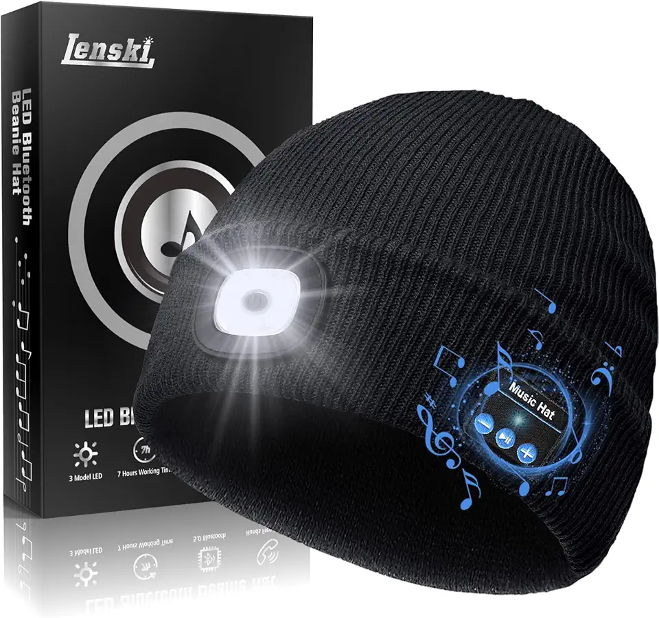 Lenski Cadeau Saint Valentin pour Homme, Idee Cadeau Homme Original Utile, Cadeau Papa, Cadeau Anniversaire Homm, Cadeau Personnalisé, LED Bonnet Bluetooth Bonnet, Idee Cadeau Homme Noel Original