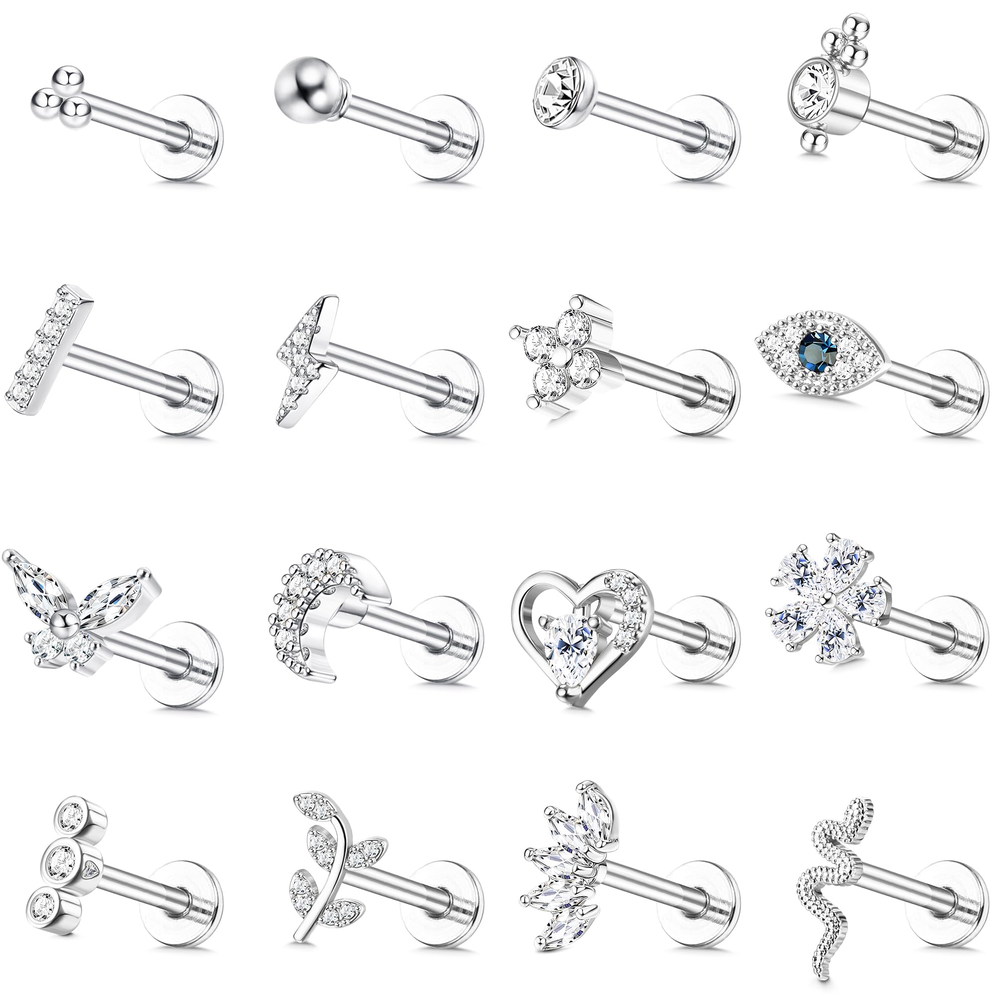 JeweBella16Pcs 16G Cartilage Tragus Stud Earrings For Women Men Surgical Steel Internally Threaded CZ Moon Heart Evil Eye FlatBack Nose Labret Medusa Piercing Stud Tragus Helix Piercing