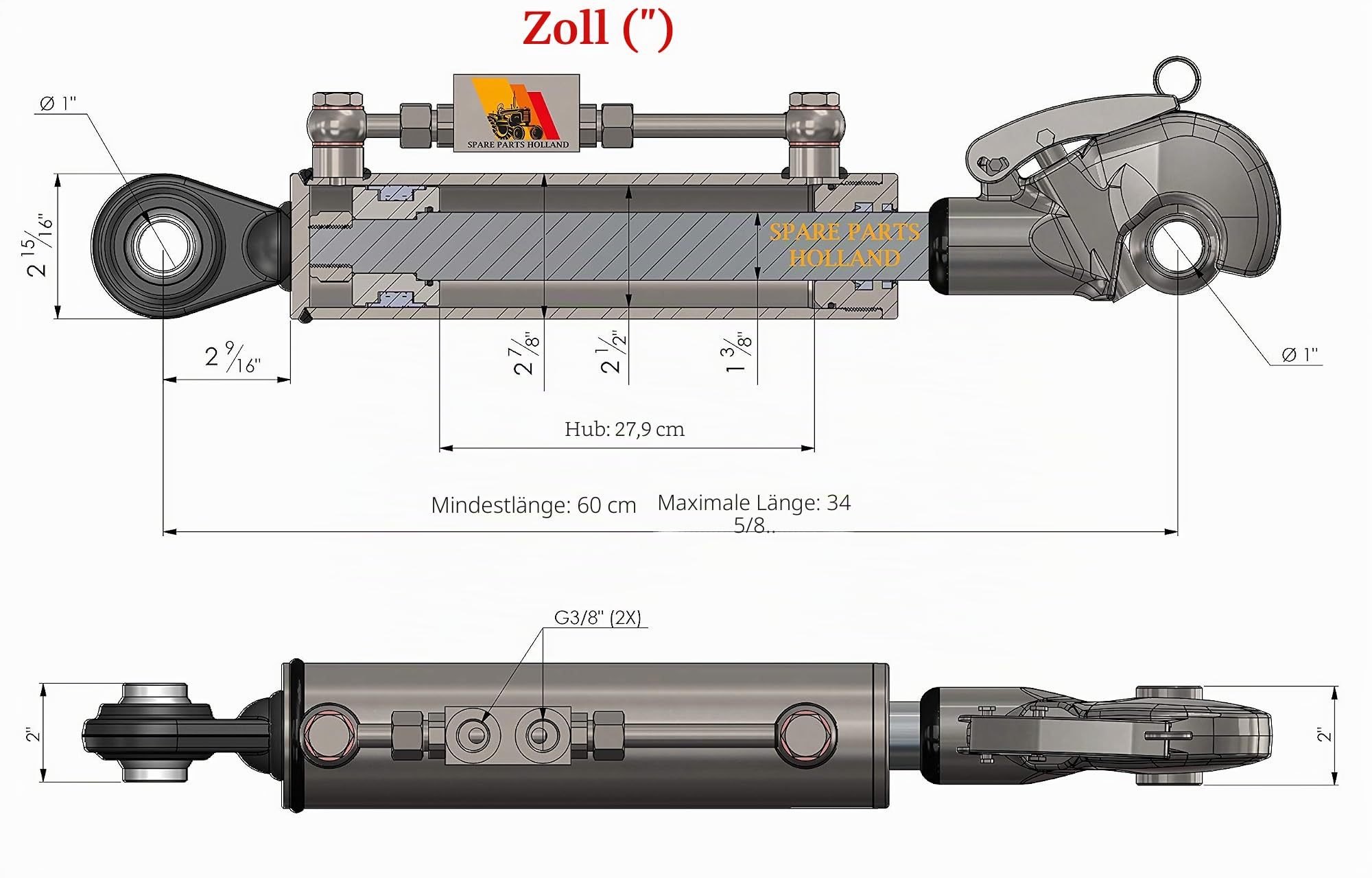 Hydraulischer Oberlenker Kat. 2-2 (600-880 mm) mit Fanghaken, Sperrblock und Schläuchen