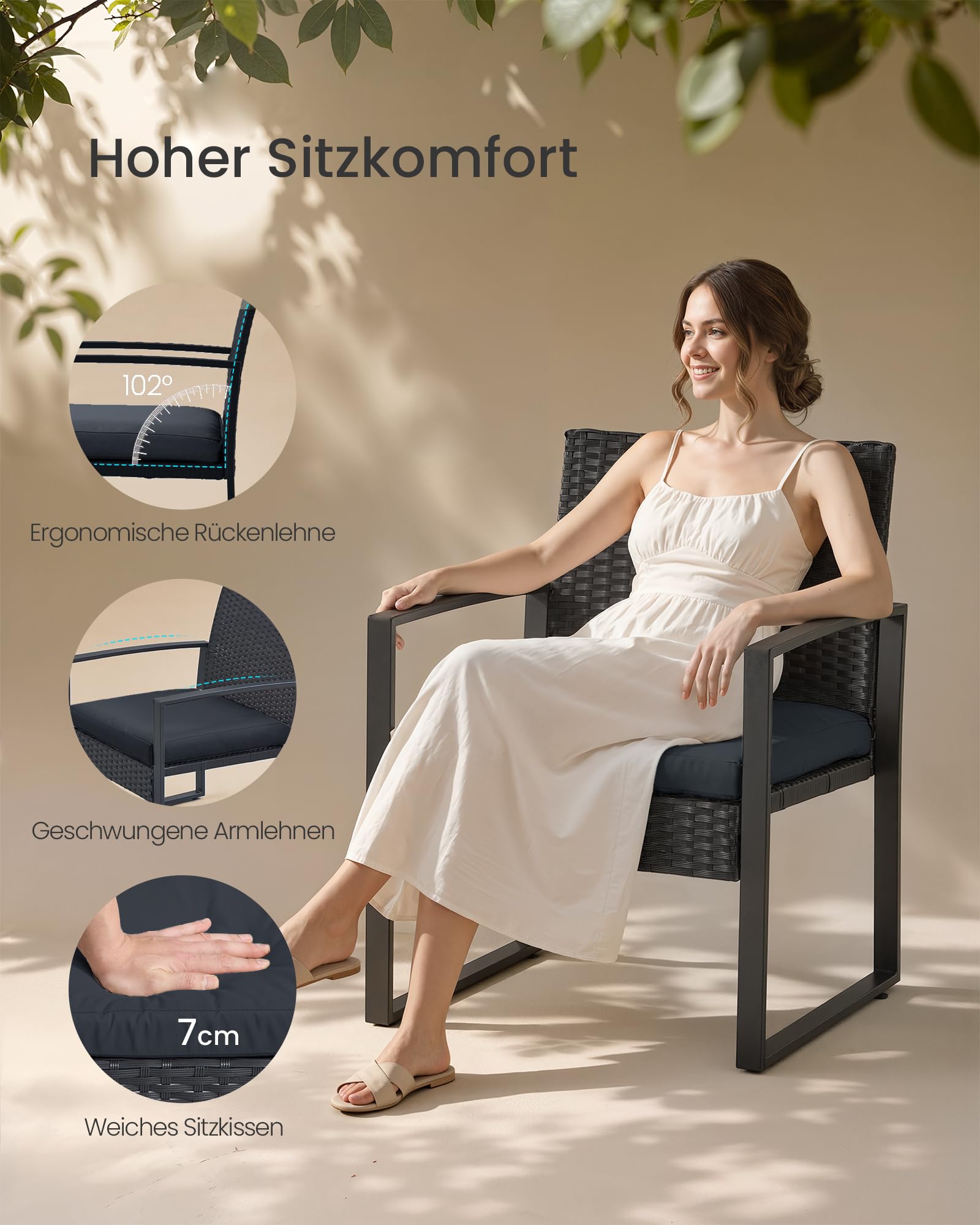 SONGMICS Balkonmöbel, Gartenmöbel-Set, aus PE-Polyrattan, Lounge-Set, Tisch und 2 Stühle, Terrassenmöbel, einfache Montage, Outdoor, für Terrasse, Balkon, Garten, schwarz GGF010B05