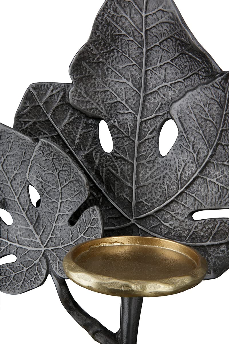 GILDE Świecznik typu tealight – 1 świecznik na podgrzewacze z aluminium – na świece lub podgrzewacze do Ø 8 cm – motyw liści – kolor srebrny złoty – wysokość 38 cm