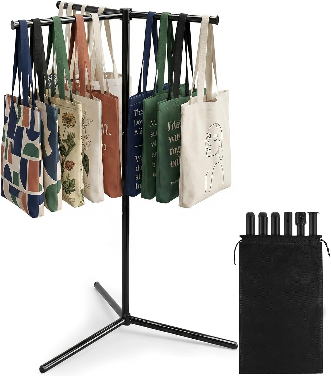 LEIFIDE 48 x 26.5 3-way Straight Arm Bag Rack Stand with Storage Bag Heavy Duty Metal Shopping Garment Rack Tote Bags Holder Stand for Vendor Retail Store Craft Fair Mall Boutique Trade Show (Black)