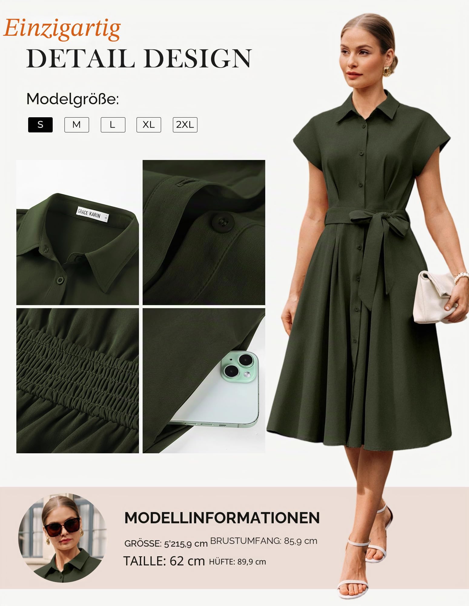 GRACE KARIN Damen Sommer Kurzarm Reverskragen Knöpfen Taillengürtel Kleid Elegant A-Linie Midi Blusenkleid mit Taschen